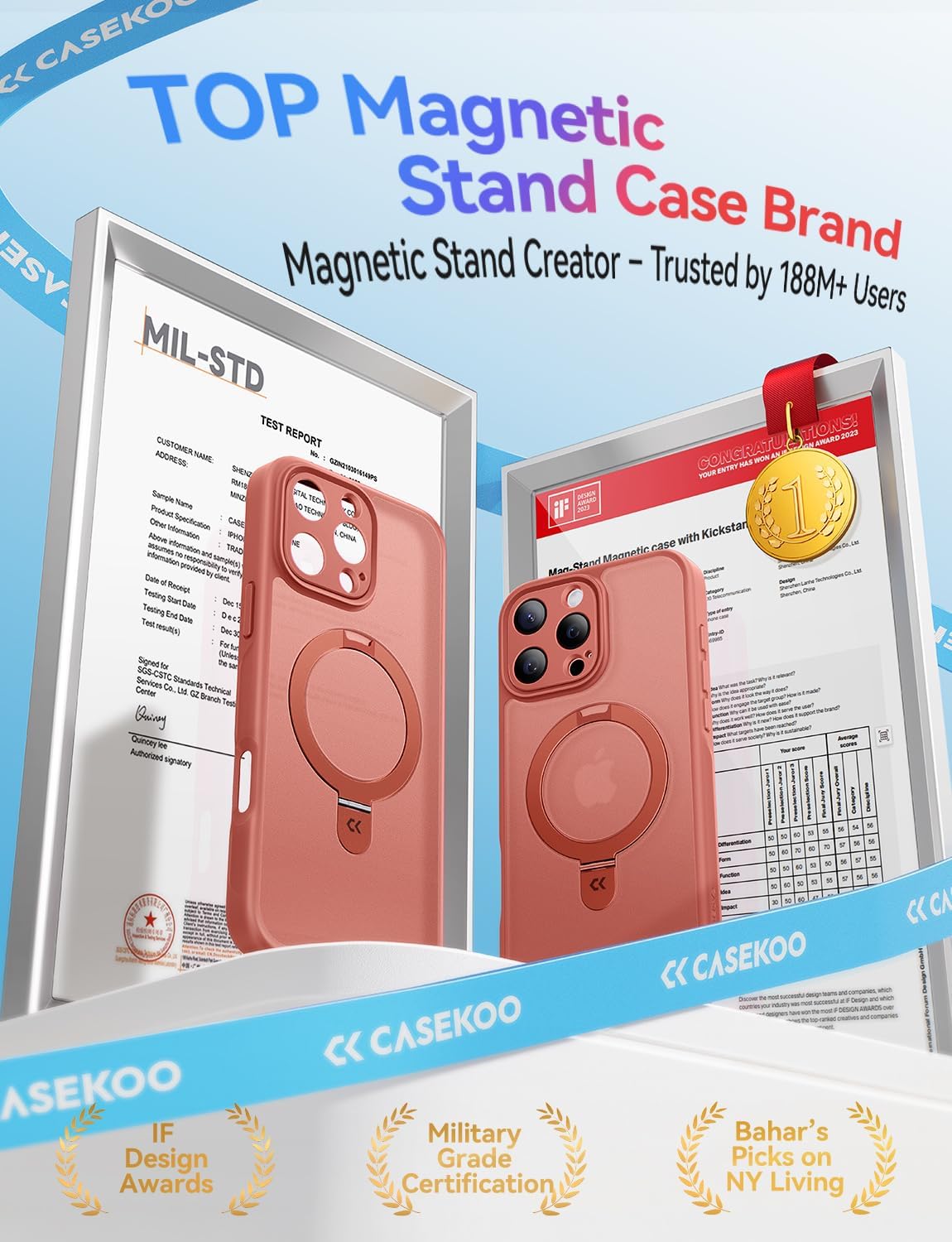 CASEKOO Upgraded Full Camera Protection for iPhone 16 Pro Max Case with Magnetic Invisible Stand [Compatible with MagSafe] [Military Grade Protection] for iPhone 16 Pro Max Case Stand 6.9", Grapefruit