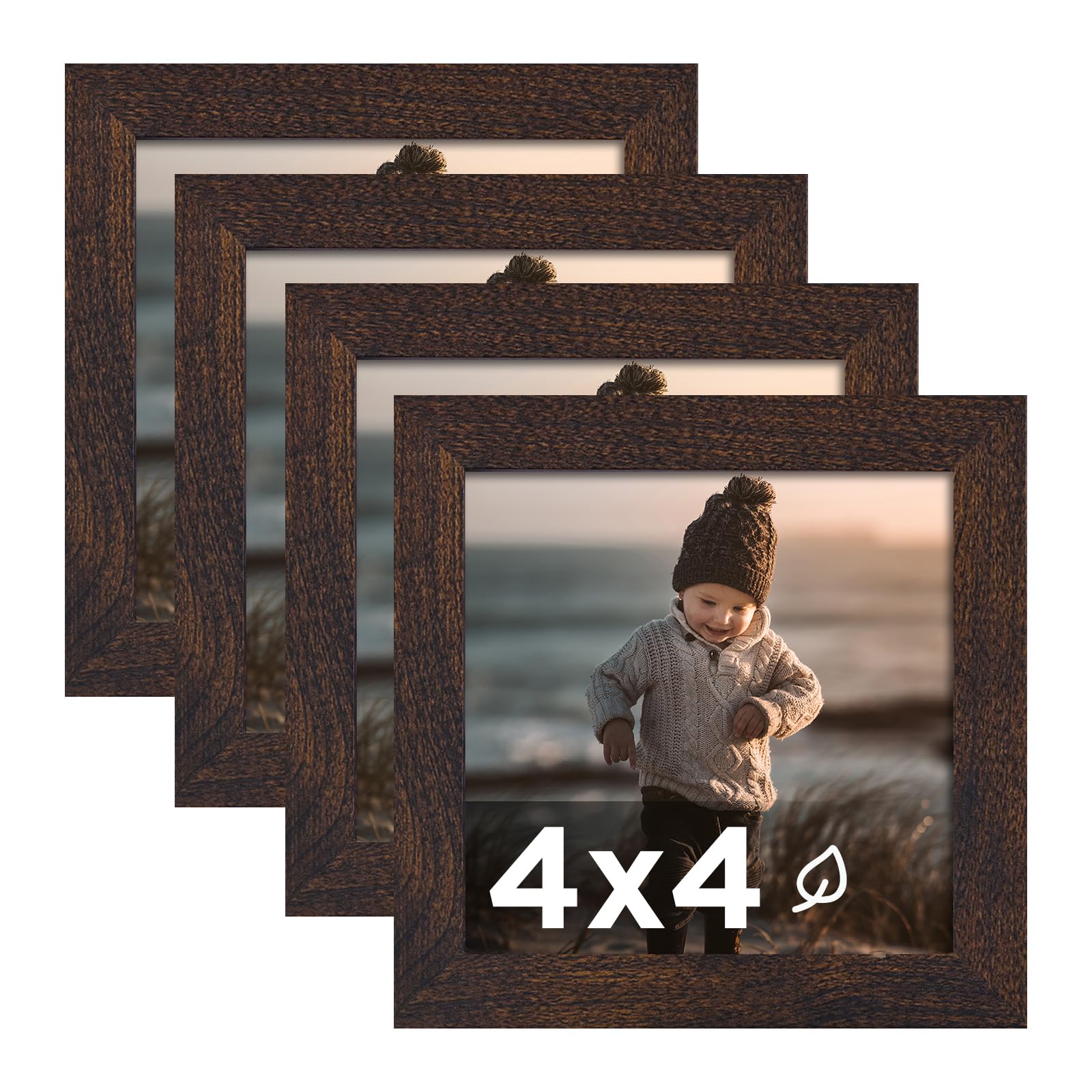 KINLINK 4x4 Picture Frame Brown Set of 4, Wooden Square Photo Frames with Plexiglass for 4x4 without Mat for Table and Wall Display
