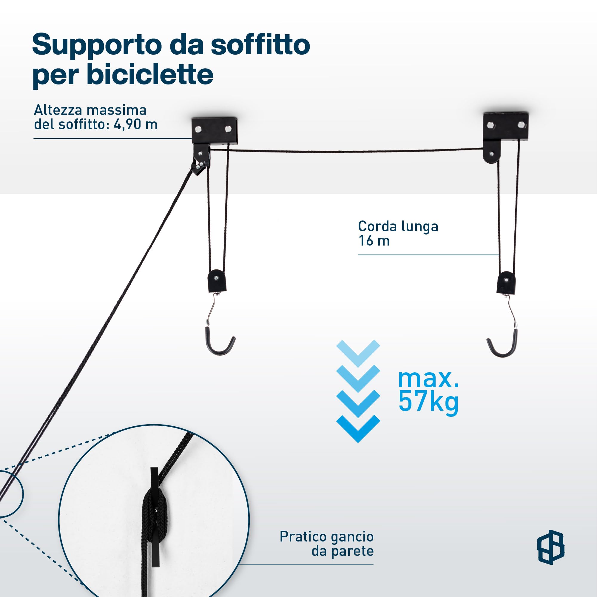 Supporto per bicicletta da soffitto per garage con puleggia | Supporto da parete per bicicletta, box da tetto, canoa ecc. | Sospensione "Louis Lift" | 70002