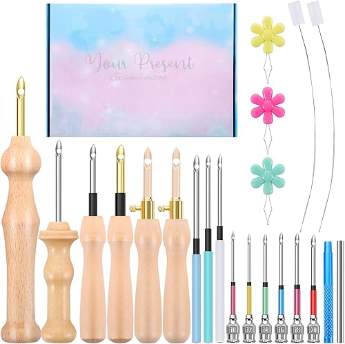 Kit de 22 agujas de perforación, juego de agujas de punzón de madera ajustables con caja para adultos principiantes bordado