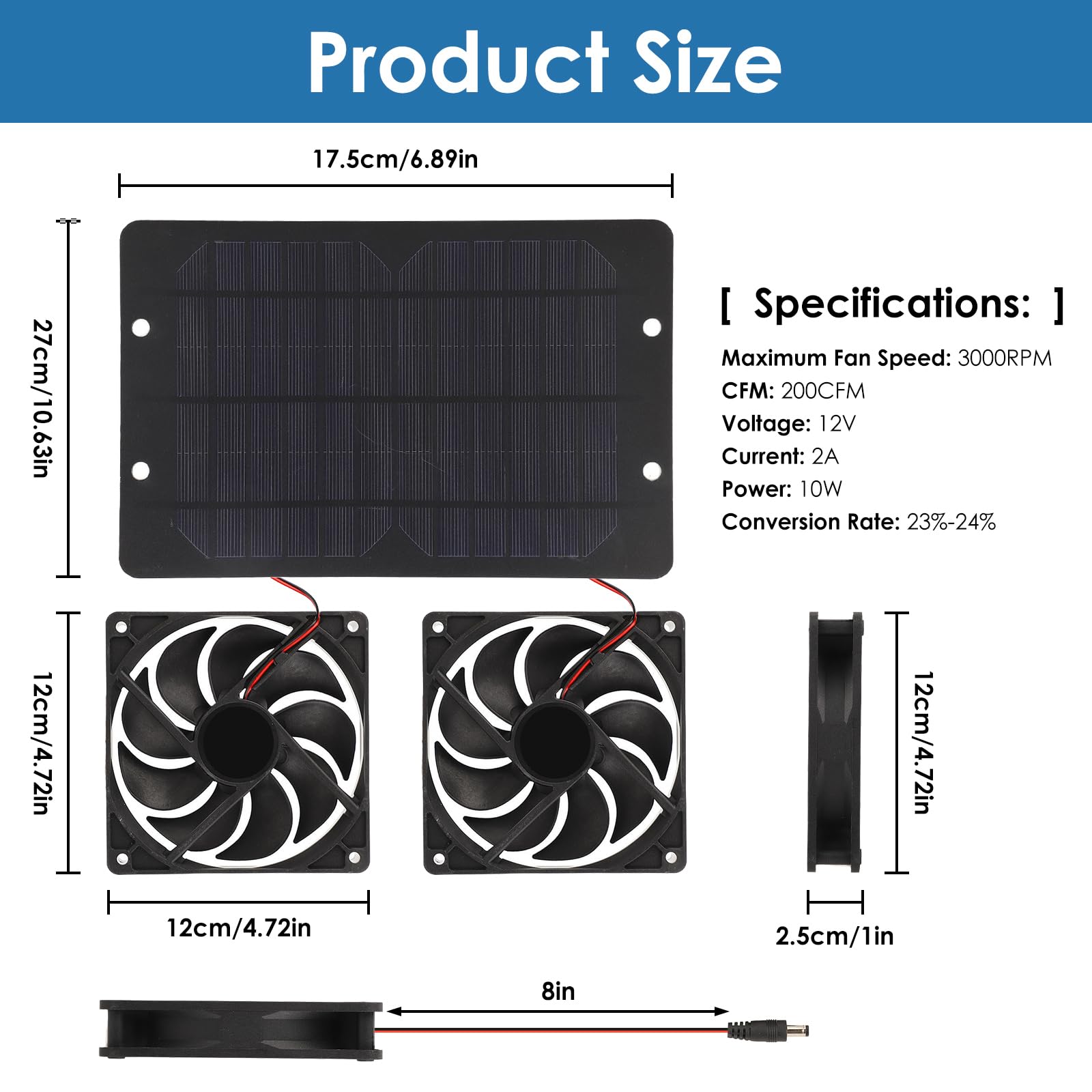 Ventilateur Solaire, Double Ventilateur Énergétique 10W 12V avec Panneau Solaire pour Serre Poulailler Maison Refroidissement Efficace