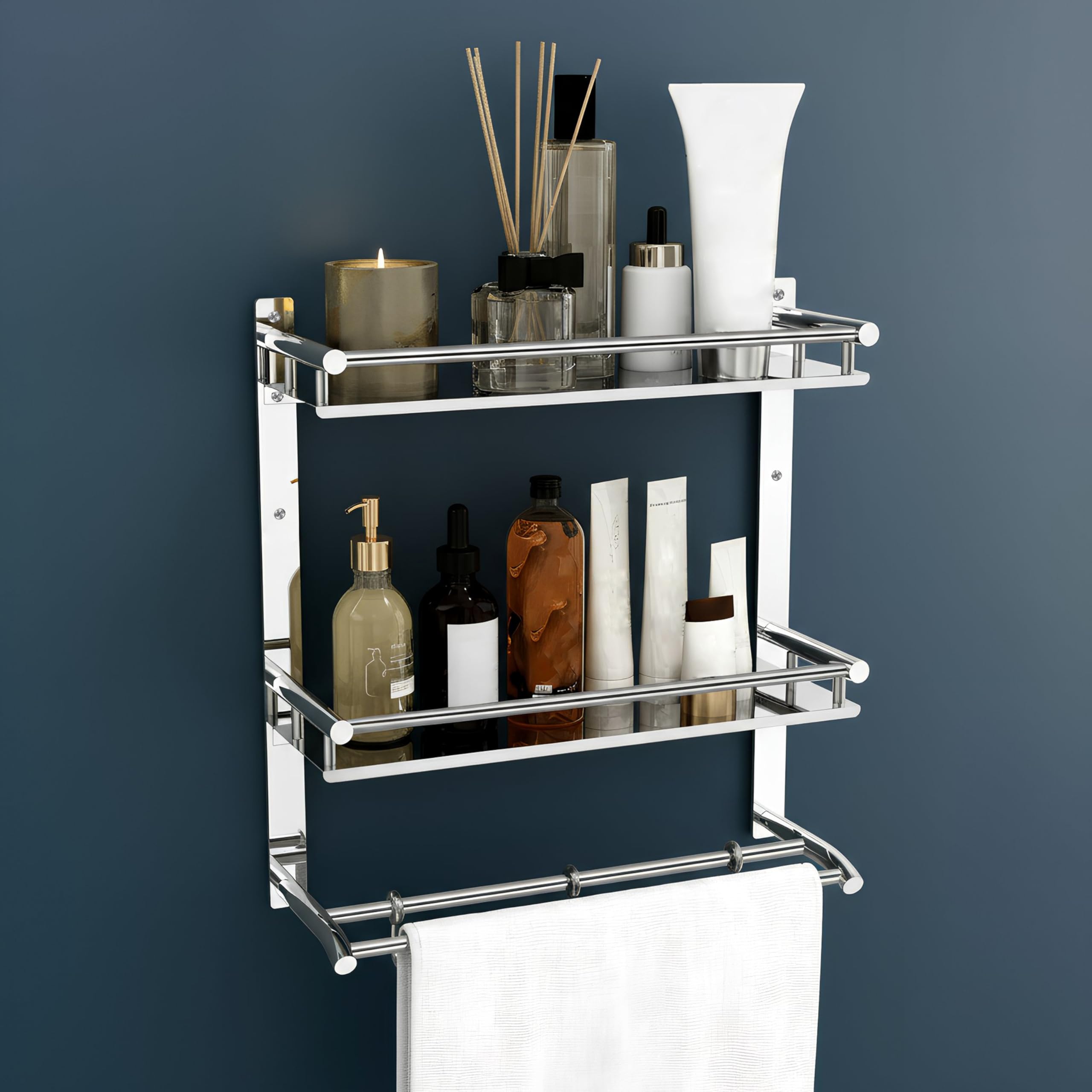 Plantex Bathroom Organizer with Drill/Stainless Steel Bathroom Rack Shelf with Towel Holder/Towel Rod and Hooks (3-Tier, Chrome)