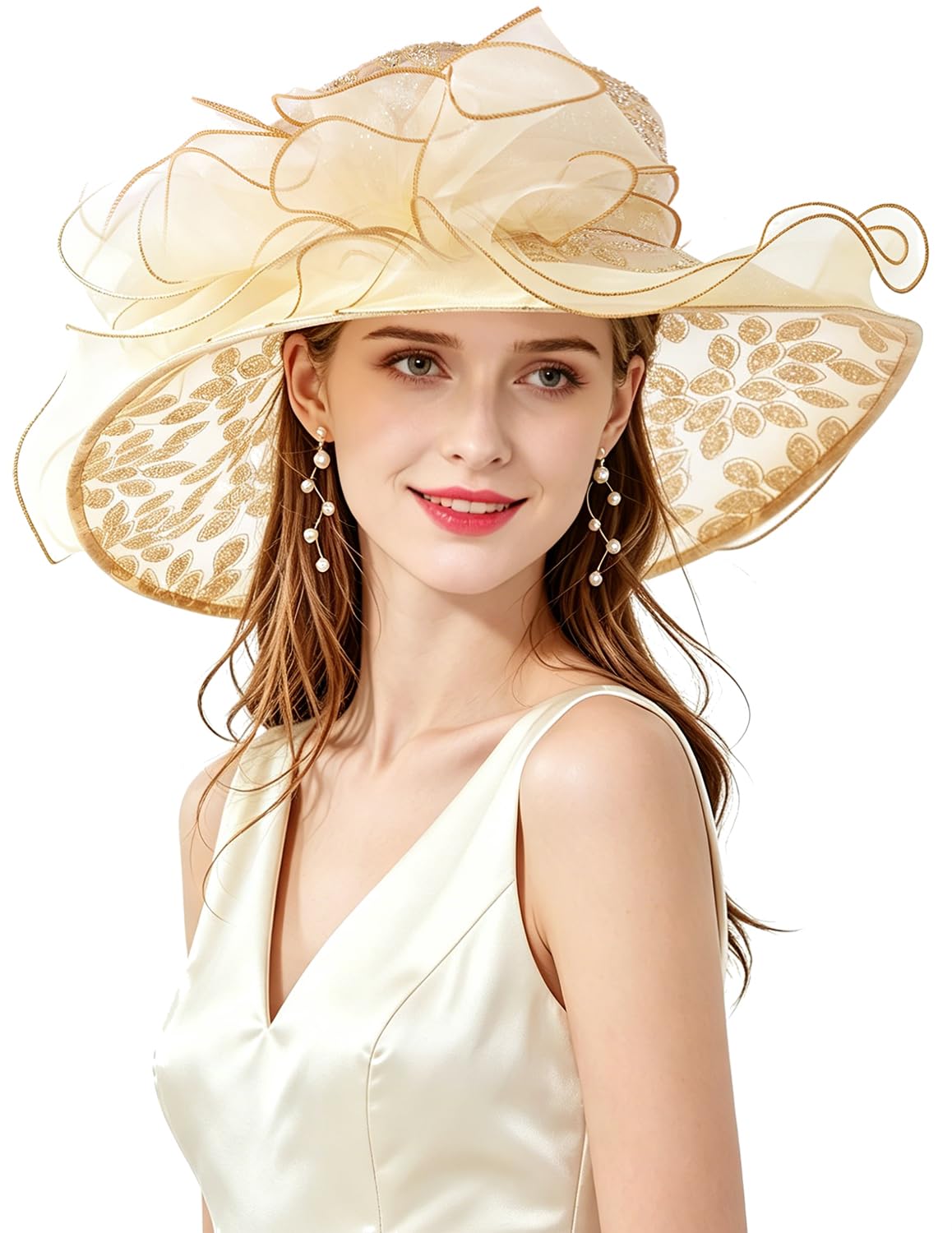 ELLYDOOR Kentucky Derby Hat Women Organza Fascinator Church Hat Bridal Wedding Tea Party Hat Wide Brim Sun Hat - Gold - One Size
