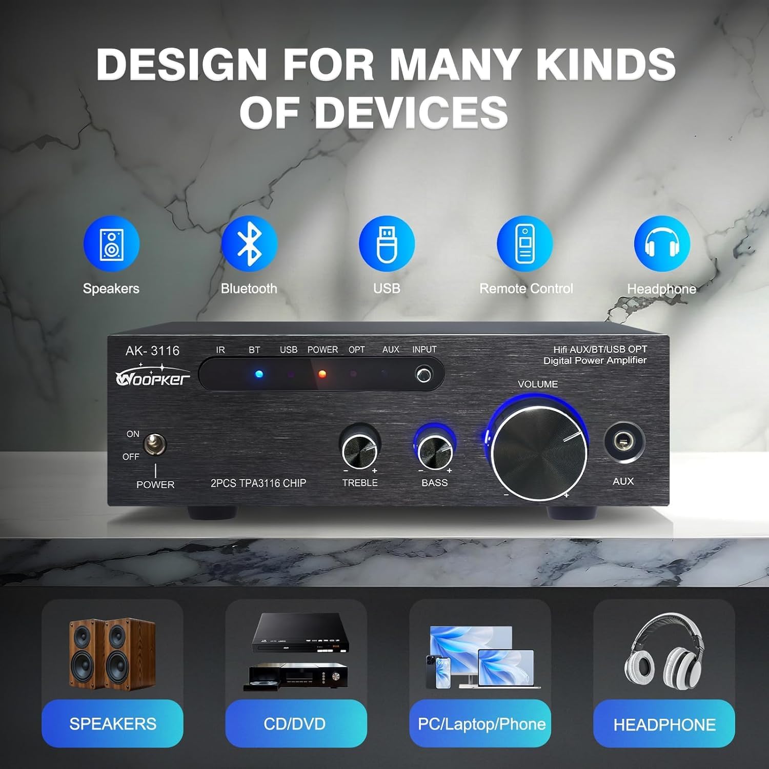 AK3116 Stereo Receivers Amplifier Home Audio, Bluetooth 5.3 Dual TPA3116 Chips Stereo Amplifier 2 Channel 100W x2 Mini Class D Integrated Bluetooth Audio Receiver w/USB AUX Opt Input - Image 2