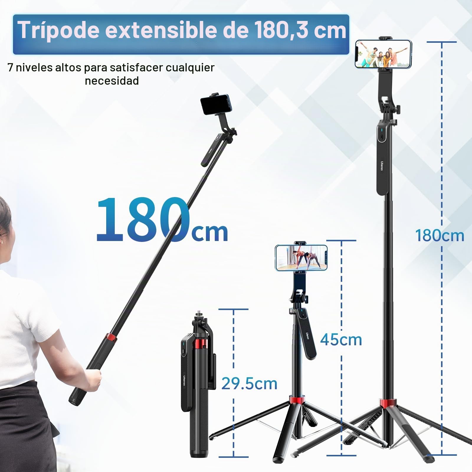 180CM Tripode para Movil, Ulanzi Selfie Stick Quad Trípode con Control Remoto, 360 ° de rotación de Aluminio Extensible Trípode del teléfono móvil de pie, Compatible, iPhone, Samsung, Xiaomi