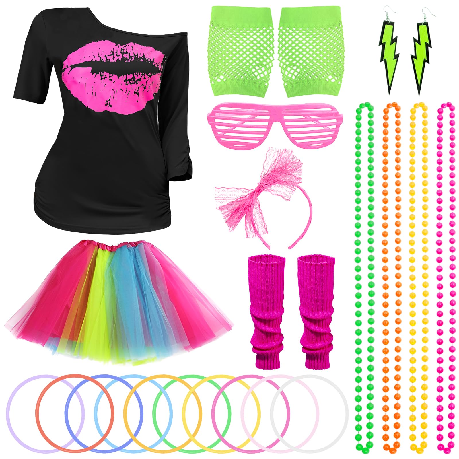 80s Fancy Dress for Women Girls,80s Fancy Dress 1980s Costume Outfits Accessories Set Tutu skirts Lip Print T-shirt Leg Warmers Necklace Fishnet Gloves Earrings Glasses Headband for 80s Theme Party