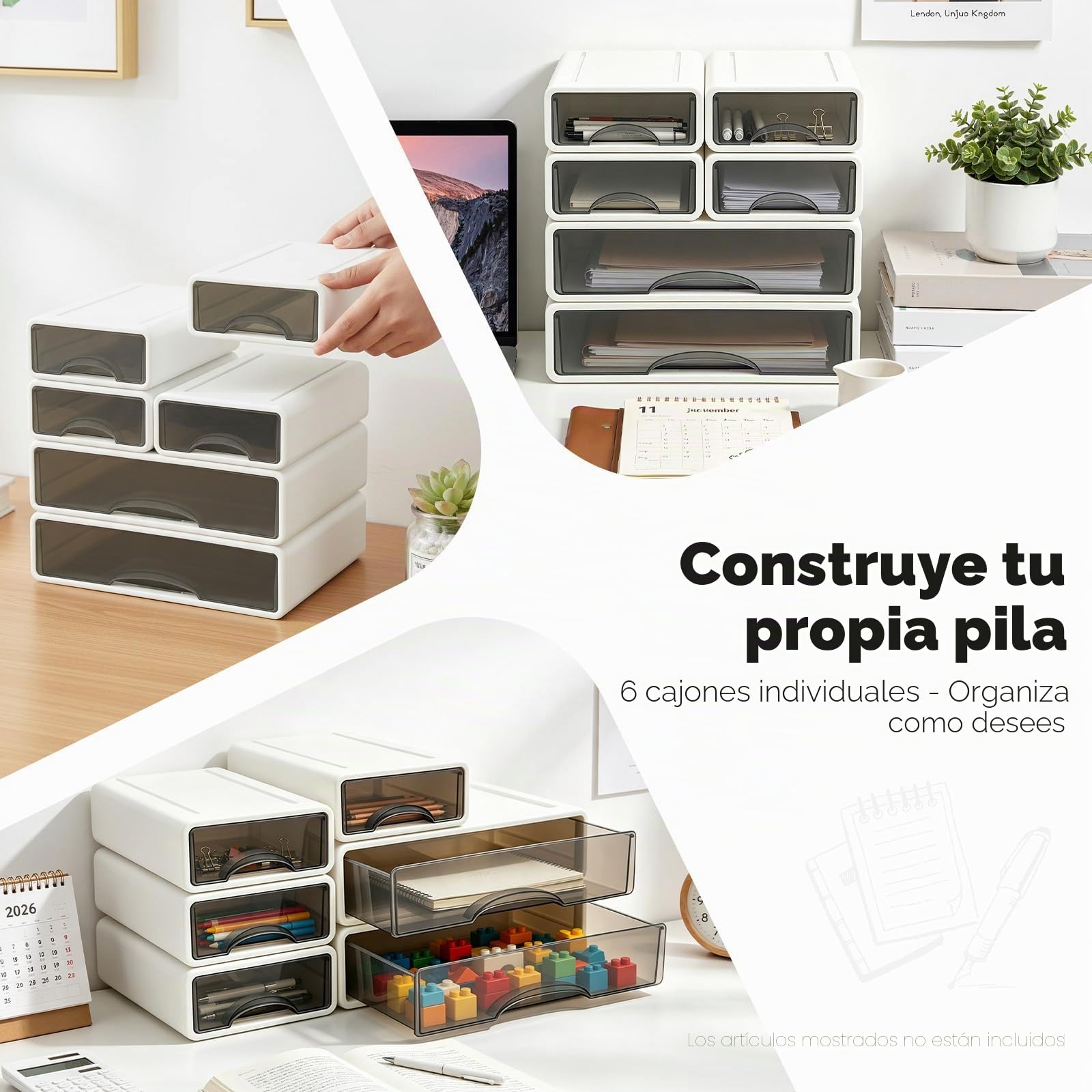 Caja de almacenamiento de oficina, organizador de escritorio de plástico con 6 cajones, apilable para oficina, hogar, suministros de arte 34 x 25 x 33 cm (blanco)