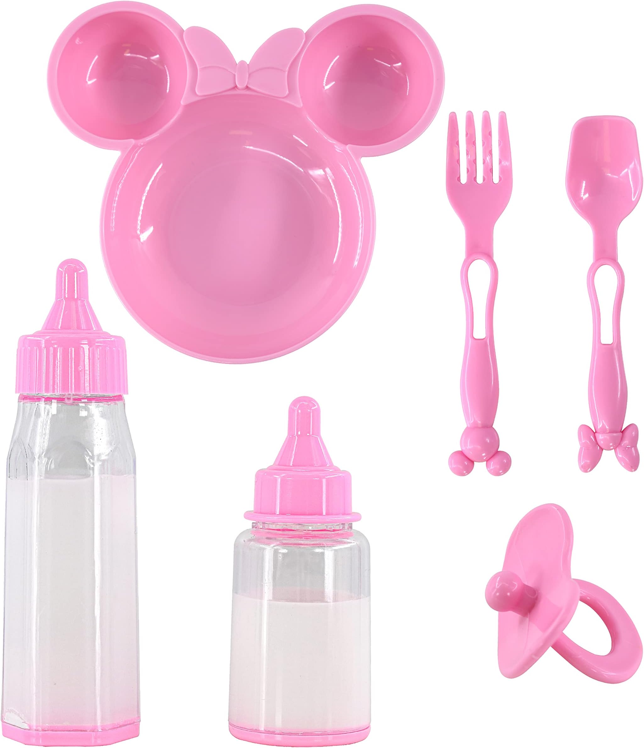 BiBi Doll 6 Pc Baby Doll Feeding Set with 2 Magic Milk Bottles, Pink Plate, Dummy & Utensils - Pretend Play Toy Accessories & Playset for Kids, Boys & Girls, Ages 3+