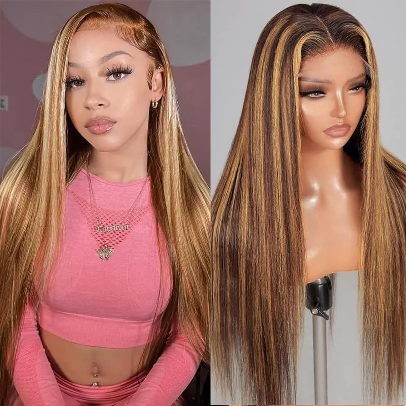 Glueless Wig Human Hair13x4 Human Hair Wig Balayage Chocolate Brown Highlighted Caramel Blonde Lace Front Wig Human Hair Pre Plucked Colored Lace Front Wigs for Black Women 22Inch(22 Inch #P4/27) - Image 2
