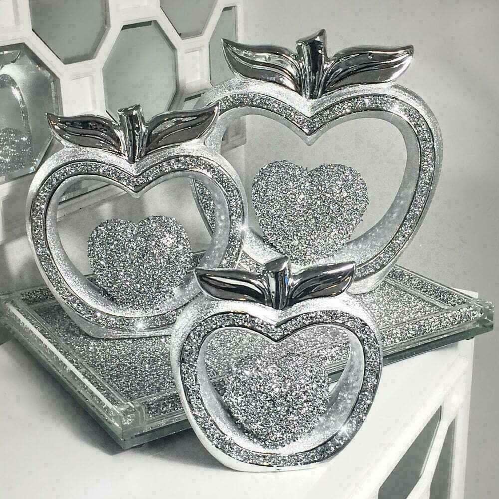 Biznest Silver Apple Heart Sparkle Bling Ornament Crushed Diamond, Home Décor