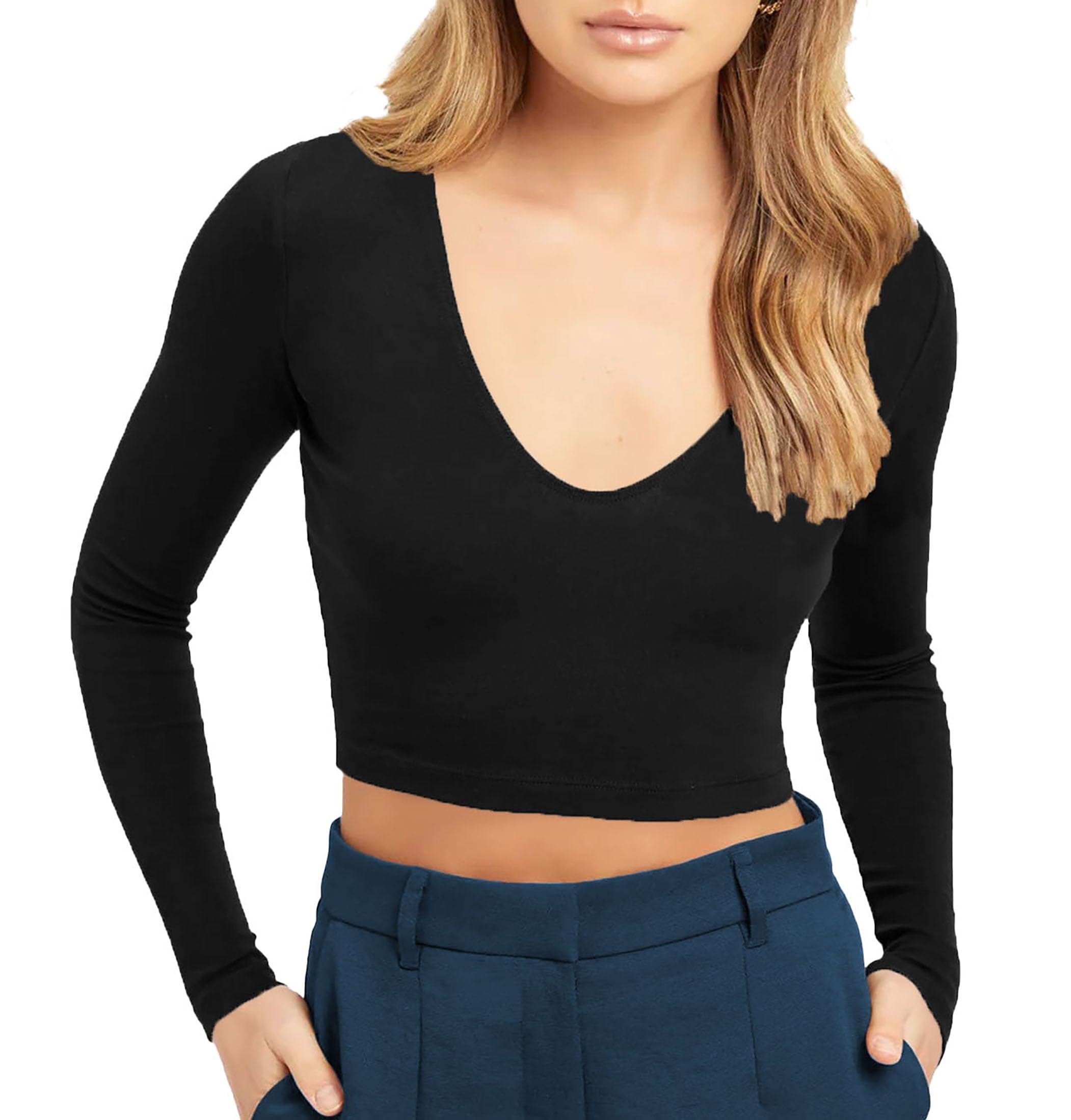 THE BLAZZEWomen's Cotton Stylish Stretchable Deep V Neck Full | Long Sleeve Crop Top for Women L438