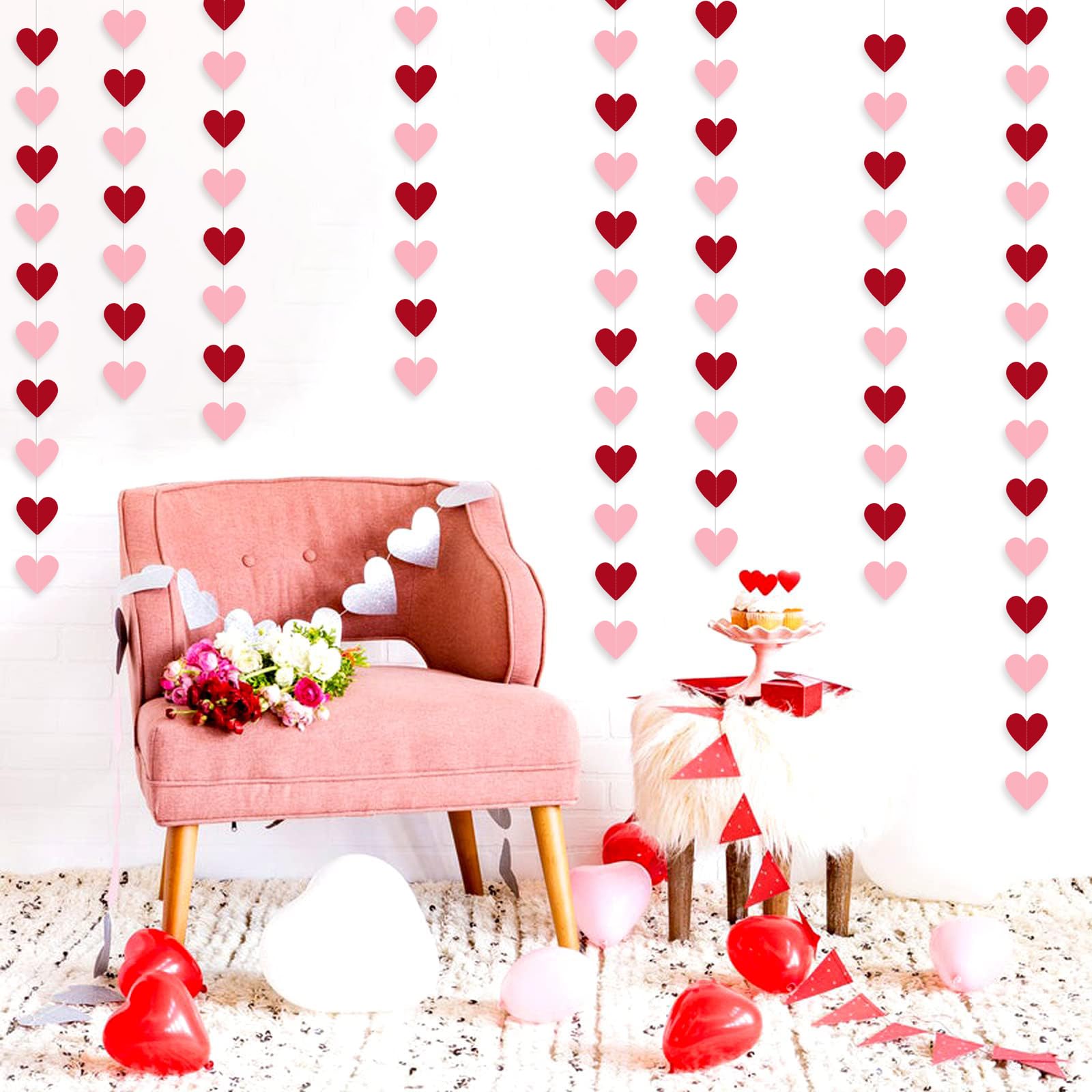 Guirnalda de corazón para el día de San Valentín, paquete de 8 guirnaldas colgantes en forma de corazón rojo y rosa para decoración del día de San Valentín, decoraciones del día de galentinas,