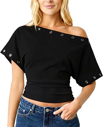 Navneet Women Off The Shoulder Tops Eyelet Going Out Tops Asymmetrical Bardot Top Night Out Clubbing Top Festival Outfits