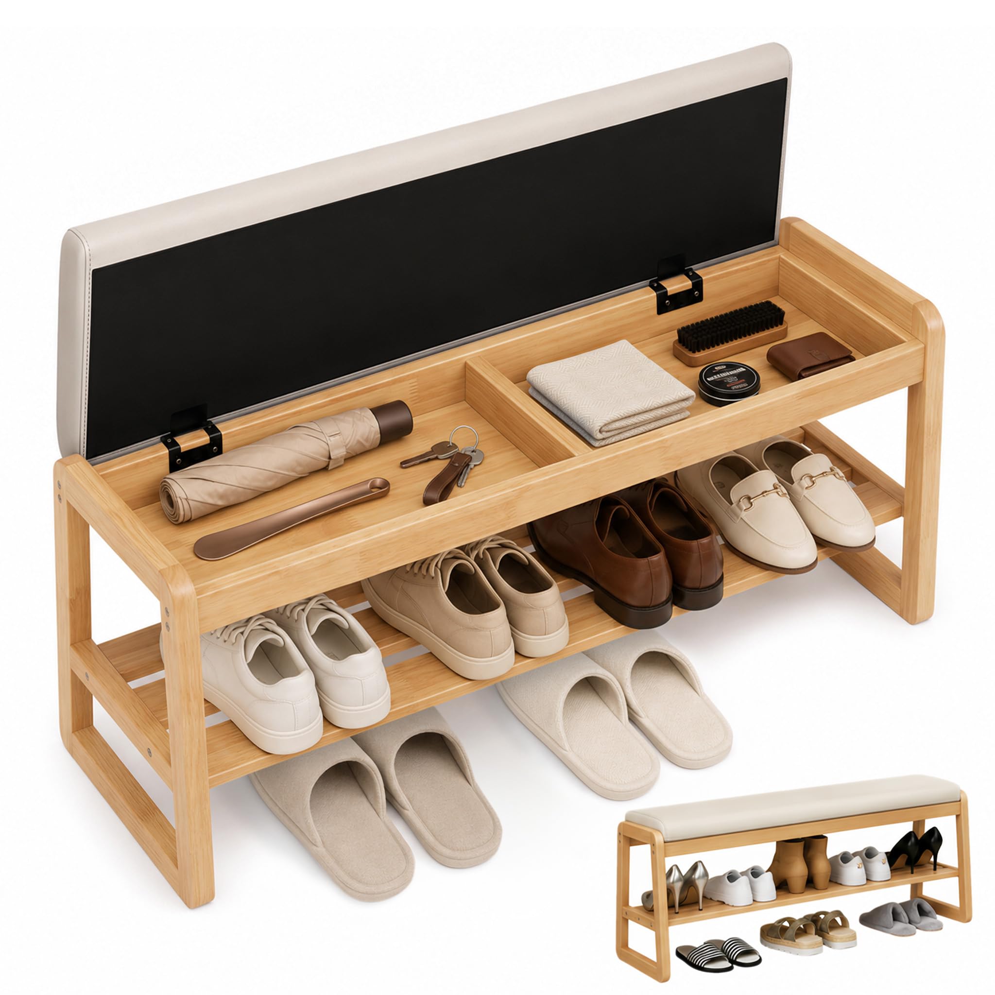 Banco Zapatero Recibidor con Almacenaje, Mueble Zapatero de Madera Maciza con Asiento de Cuero PU, Banco Entrada Efecto Roble Moderno, Estantería Zapatos 2 Niveles para Pasillo(100cm)