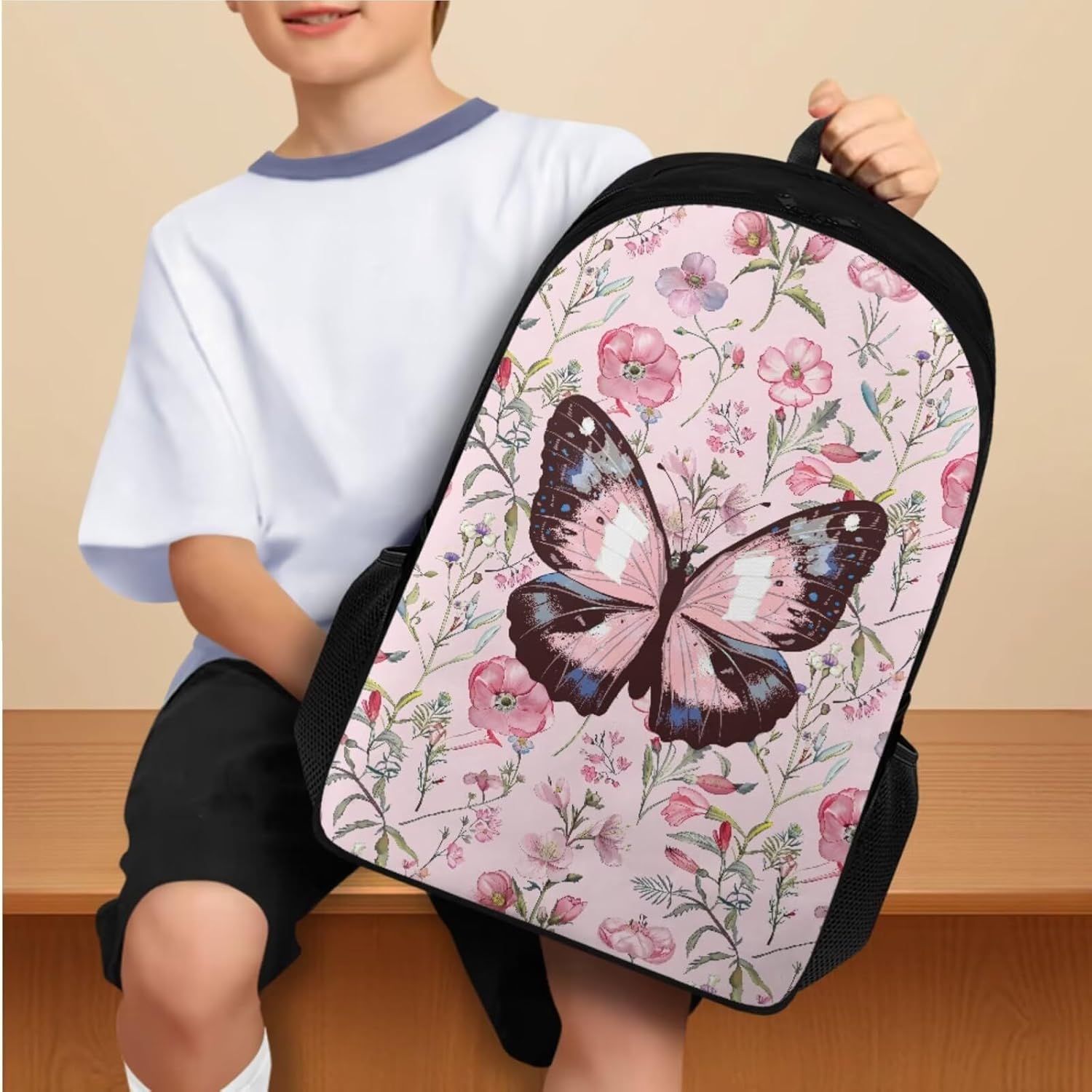 Flashideas Butterfly Flower Backpack School Set 4Pcs Portable Lunch Bag Insulated Water Bottle Water Bottle Carrier with Strap Kids Backpack for Girls 8-10 for Teens Girls Middle School High School