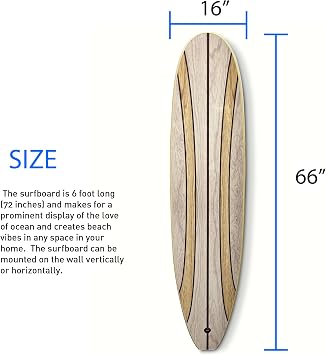Surfboard Longboard Wall Decoration Decor - Hangs Vertical or Horizontal Glossy Surface Like a Real Surfboard Beach House, Coastal Living, Tropical Beach Theme 66 inches Long