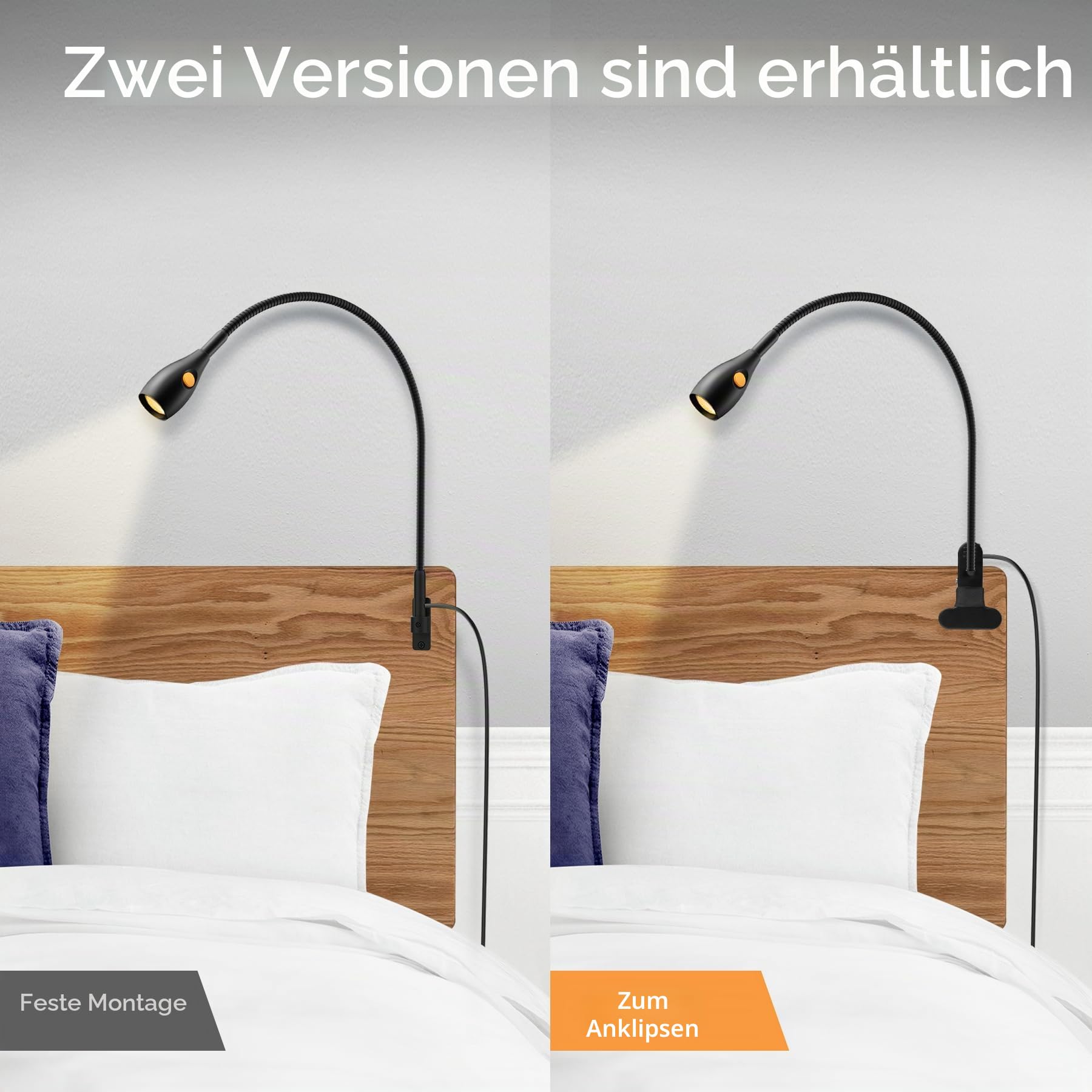 acegoo Minimalistisches Leselicht für Clip-on-Lampe, Bettkopfteil, dimmbares Buchlicht, 3000 K/Bernsteinfarbenes Licht mit USB-C-Adapter, flexibler Schwanenhals & praktischer Lampenkopfschalter, CRI