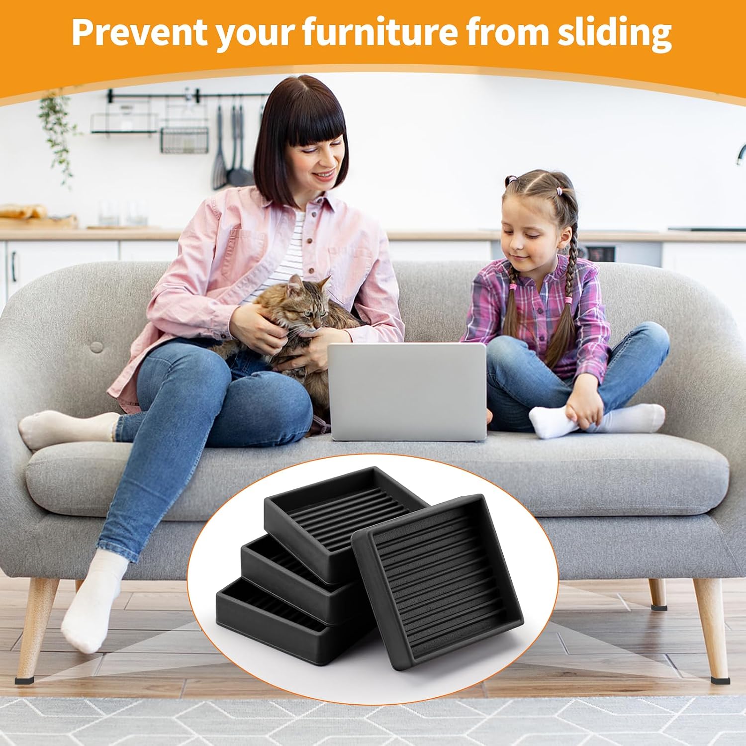 Non Slip Rubber Furniture Pads 2 inch 8PCS, Couch Bed Stoppers to Prevent Sliding, Furniture Coasters, Non Skid Furniture Grippers for Hardwood Floors Black Square thumbnail
