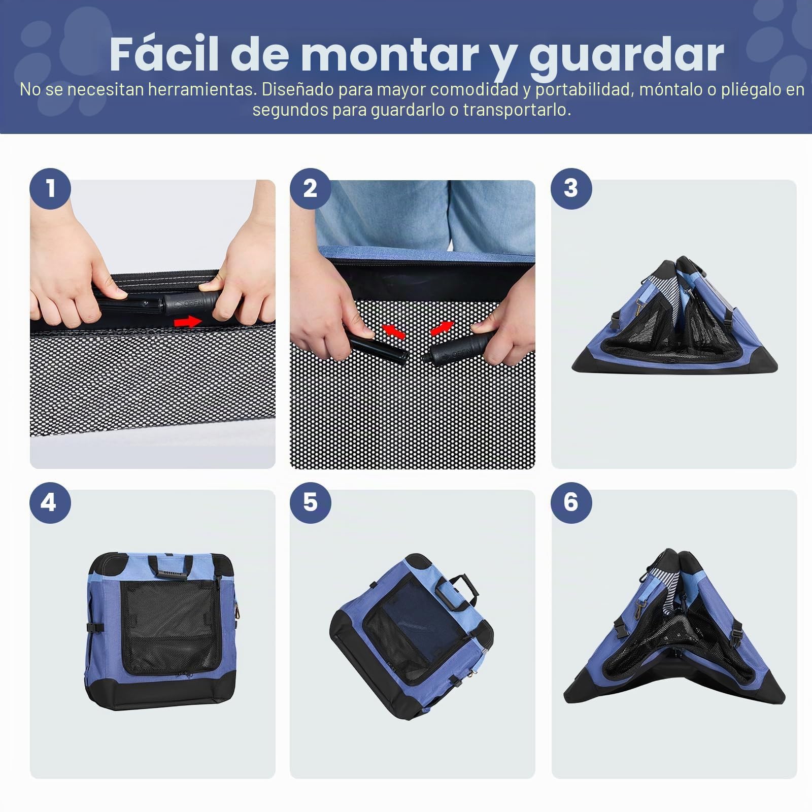 Gardner Pet Transportín Perro Grande,M-76x53x53cm-Azul | Plegable, 3 Puertas, Ventanas de Malla Resistente, Bolsa de Almacenamiento, Para Perros y Gatos