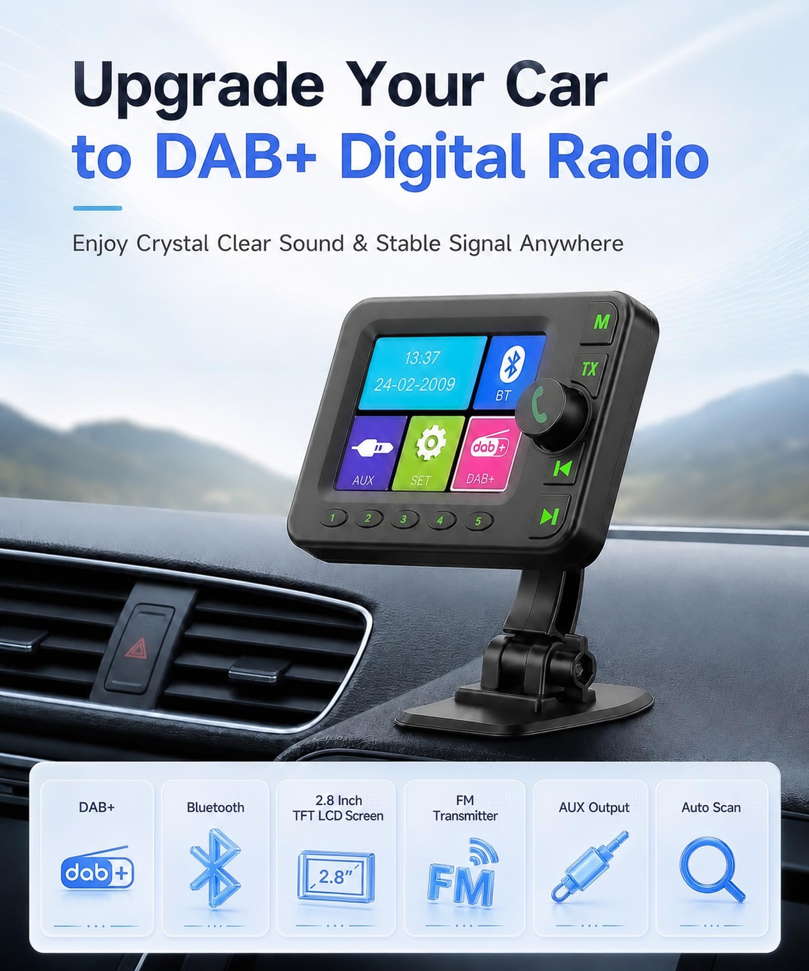 VECHTEL Ricevitore DAB+ Portatile per Auto con Bluetooth e Display TFT 2,8" | Adattatore DAB+ per Autoradio, Trasmettitore FM, Vivavoce, Ingresso/Uscita AUX, Antenna Attiva, Ricerca Automatica