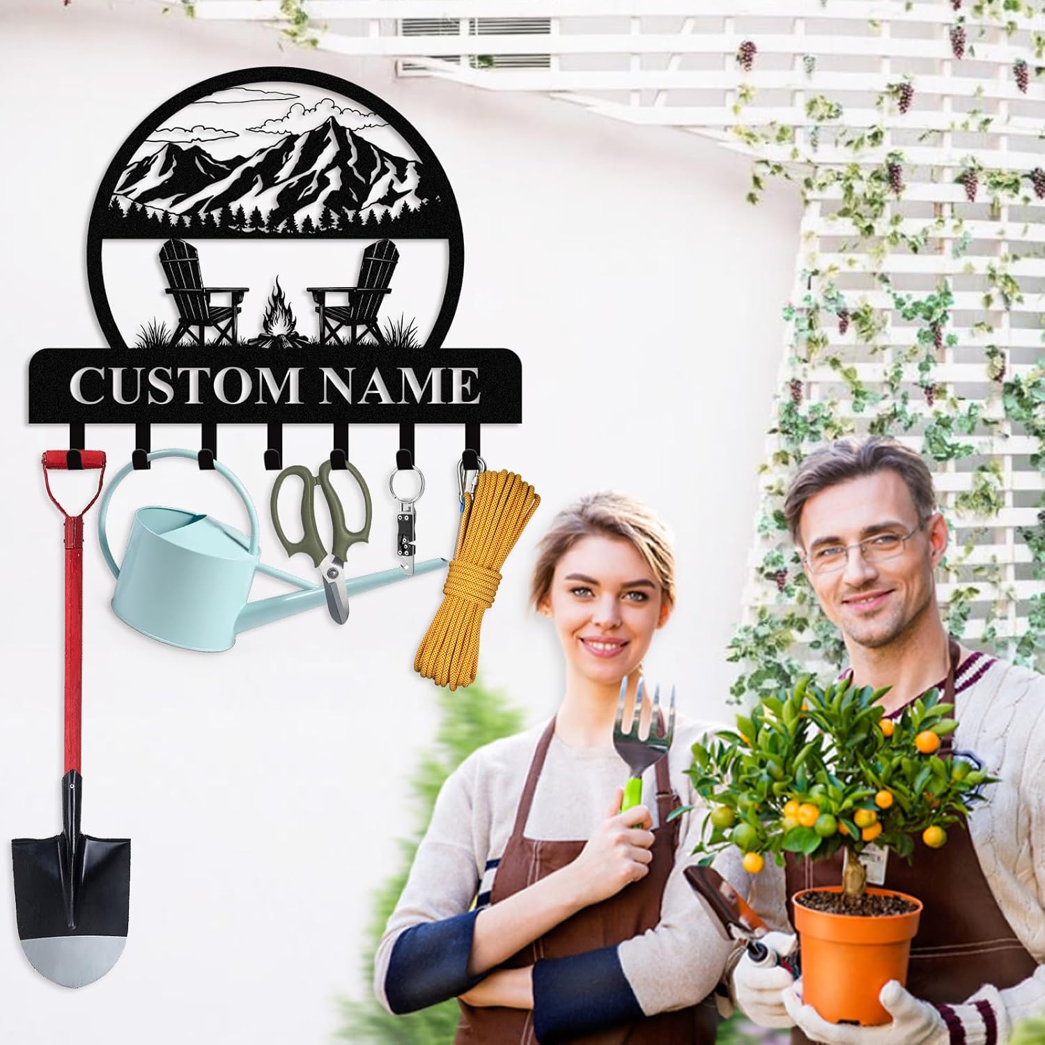 KAINSY Personalized Key Holder for Wall, Custom Camping Wall Key Hooks with Name, Metal Cabin Key Rack Hanger Wall Mount, Coat Hook Key Holders Organizer for Entryway Garden Hallway, Home Decor Gifts