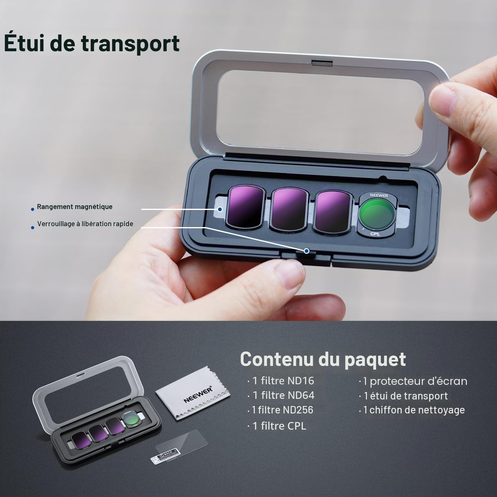 NEEWER ND et CPL Kit de filtres Compatible avec DJI Osmo Pocket 4&3,Comprenant filtres magnétiques à densité Neutre ND16,ND64,ND256 et Un Filtre polarisant Circulaire.Accessoires pour Objectif