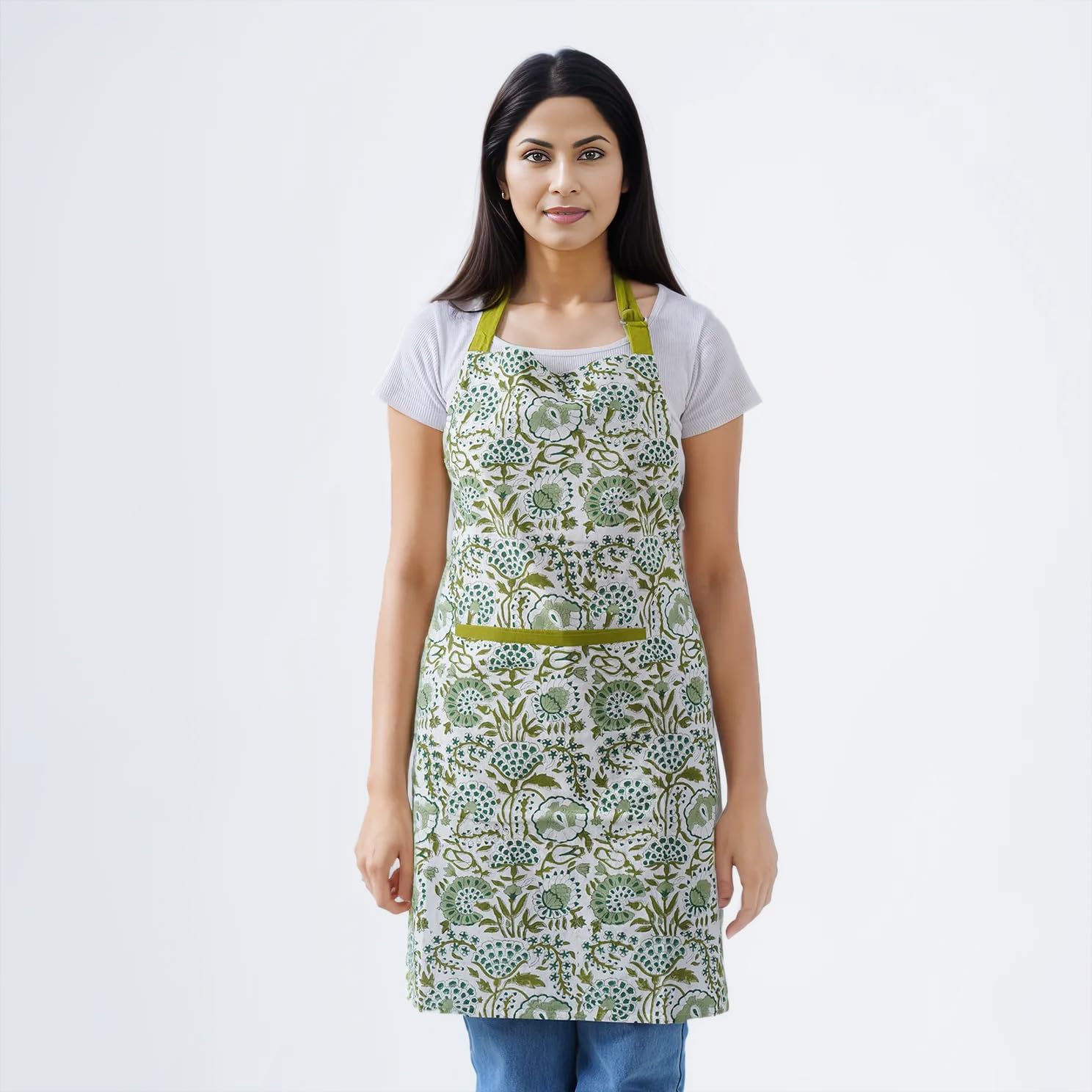 CPC Cotton Floral Kitchen Apron for women with Pocket and Adjustable Neck Ties. Apron for Women Men Chef-Hand Block Printed