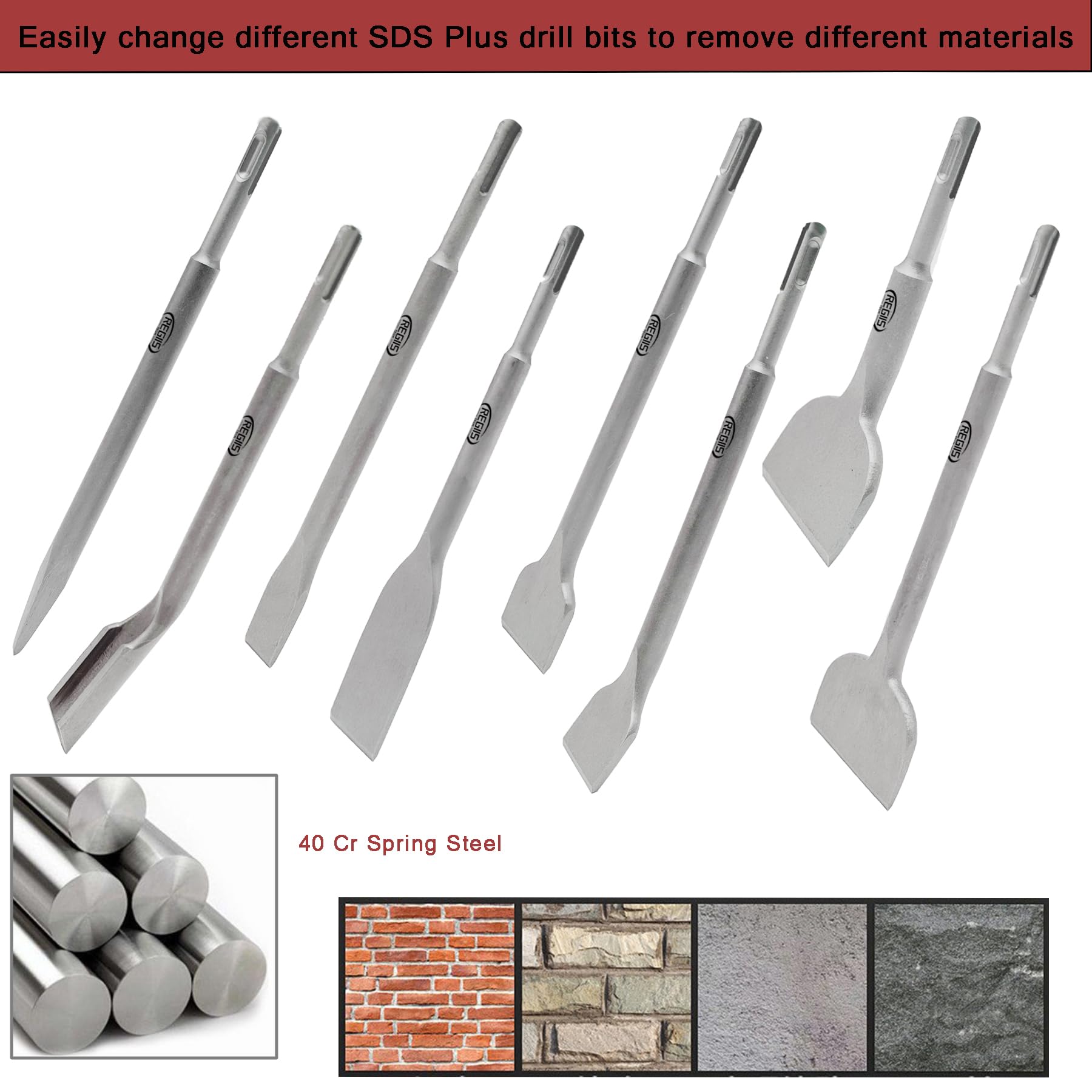Juego de 8 cinceles SDS Plus, juego de brocas de hormigón para mampostería, brocas de cincel para extracción de azulejos para martillo rotativo con punta plana ancha para azulejos