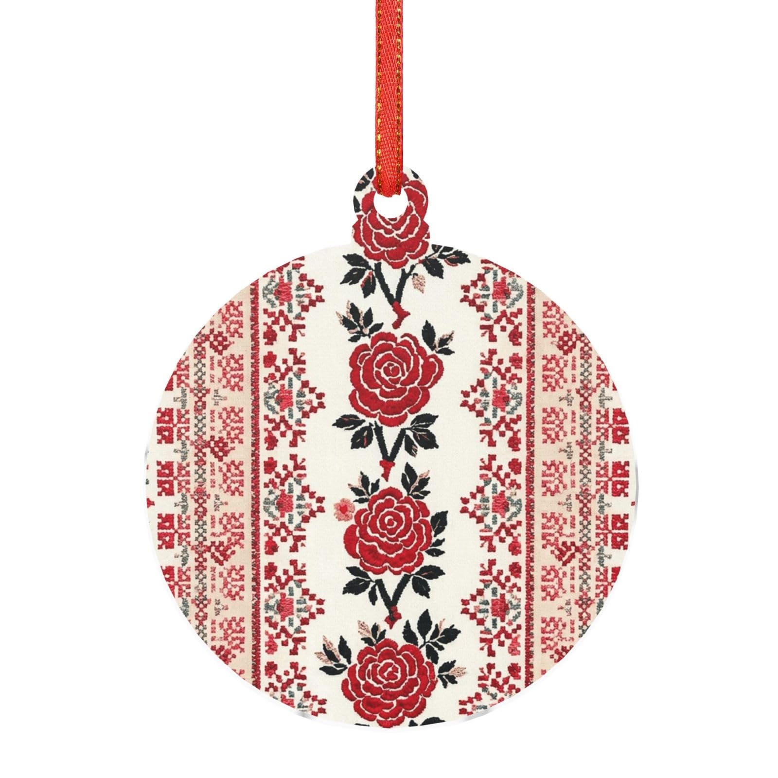 Acrylic Ornament Christmas Tree Decoration Clear Round Pendant with Red Ribbon Embroidery Rose Christmas Ornaments Indoor Outdoor Hanging Acrylic Pendants for Xmas Party Decor