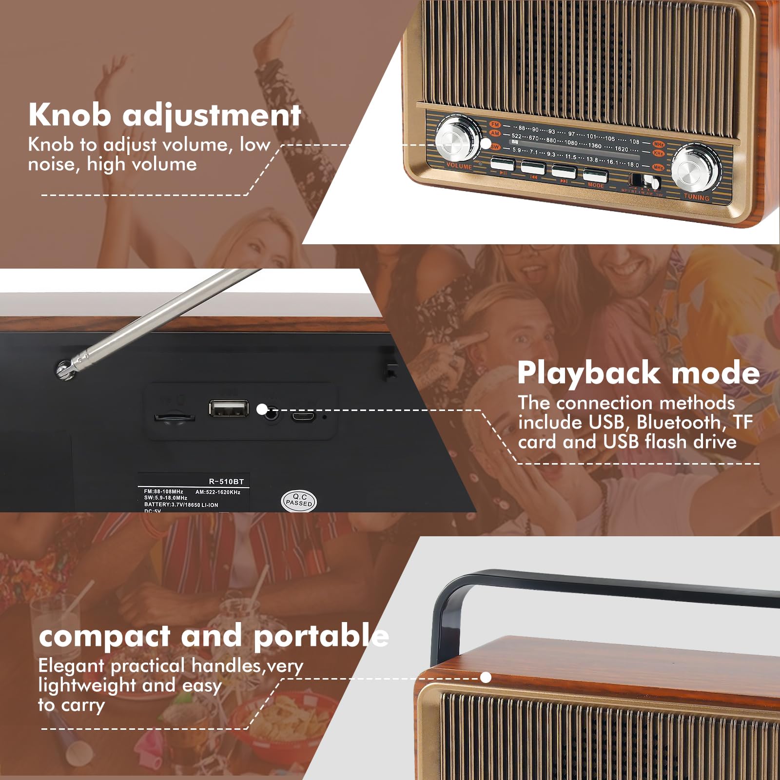 AM/FM/SW Retro Radio mit Bluetooth, Kofferradio mit 1200mAh Akku, Küchenradio Nostalgie Radio Klein, Vintage Radios, Unterstützt USB/TF/AUX Funktion, Einfaches Radios für Zuhause, Büro, Outdoor