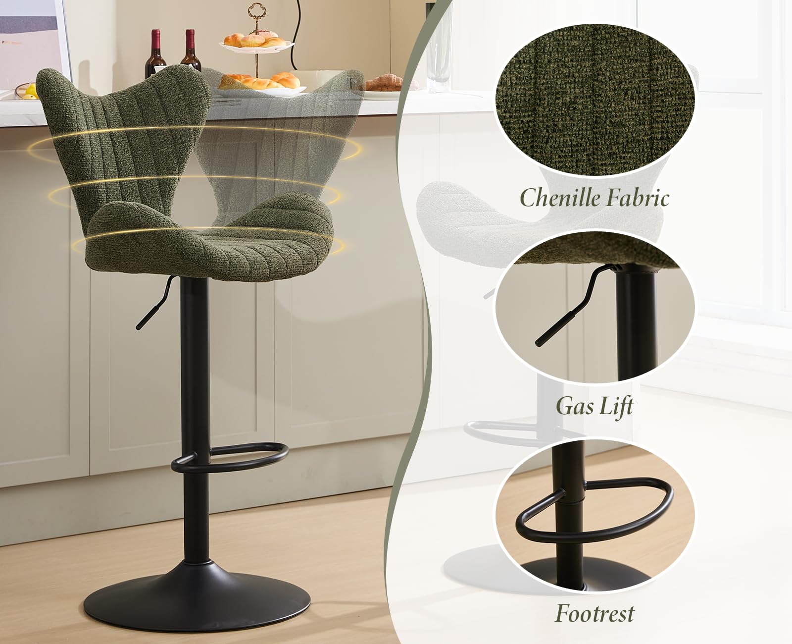 Ya-Home Tabouret de Bar Moderne avec Repose-Pied en Métal, Chaise Haute Bar Lot de 2 Chaise Bar en Chenille Tabouret pour Bar, Vert