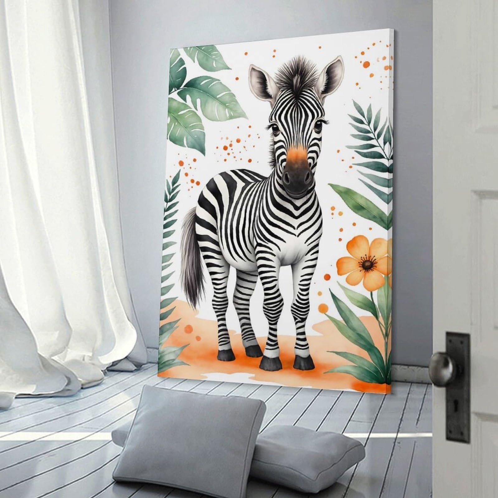 Junmoney Frame-Style-21 Wall Art Print Cute Zebra Watercolor, 24X36inch(60X90cm), For Picture Wall Styling In Lounge Or Bedroom, Wall Decor Suited To Curated Displays