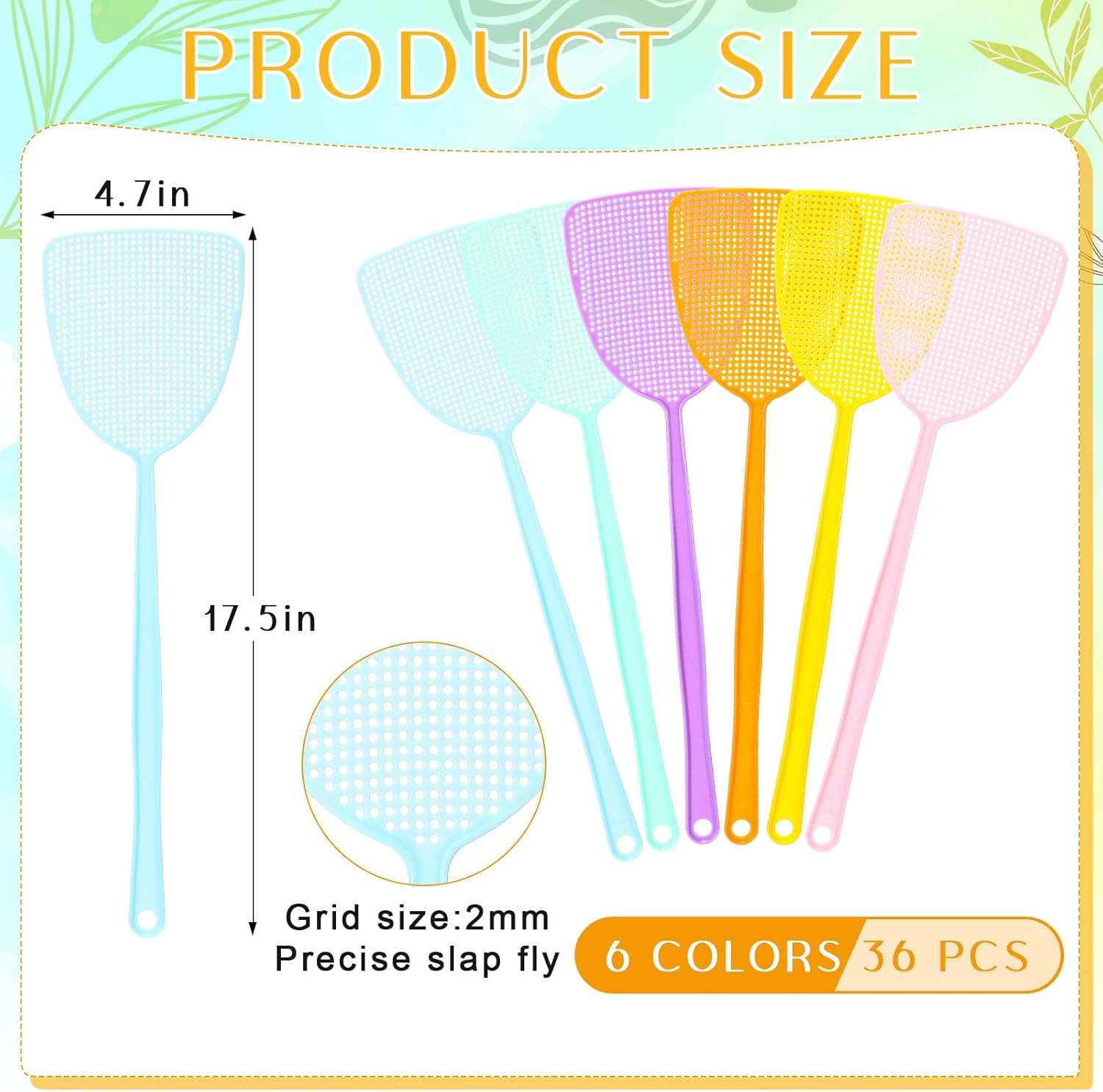 Boao 36 Pcs Plastic Long Handle Fly Swatter Strong Flexible Manual Fly Killer Heavy Duty Colorful Pastel Bug Swat for Indoor and Outdoor, Assorted Colors (Square Shape)
