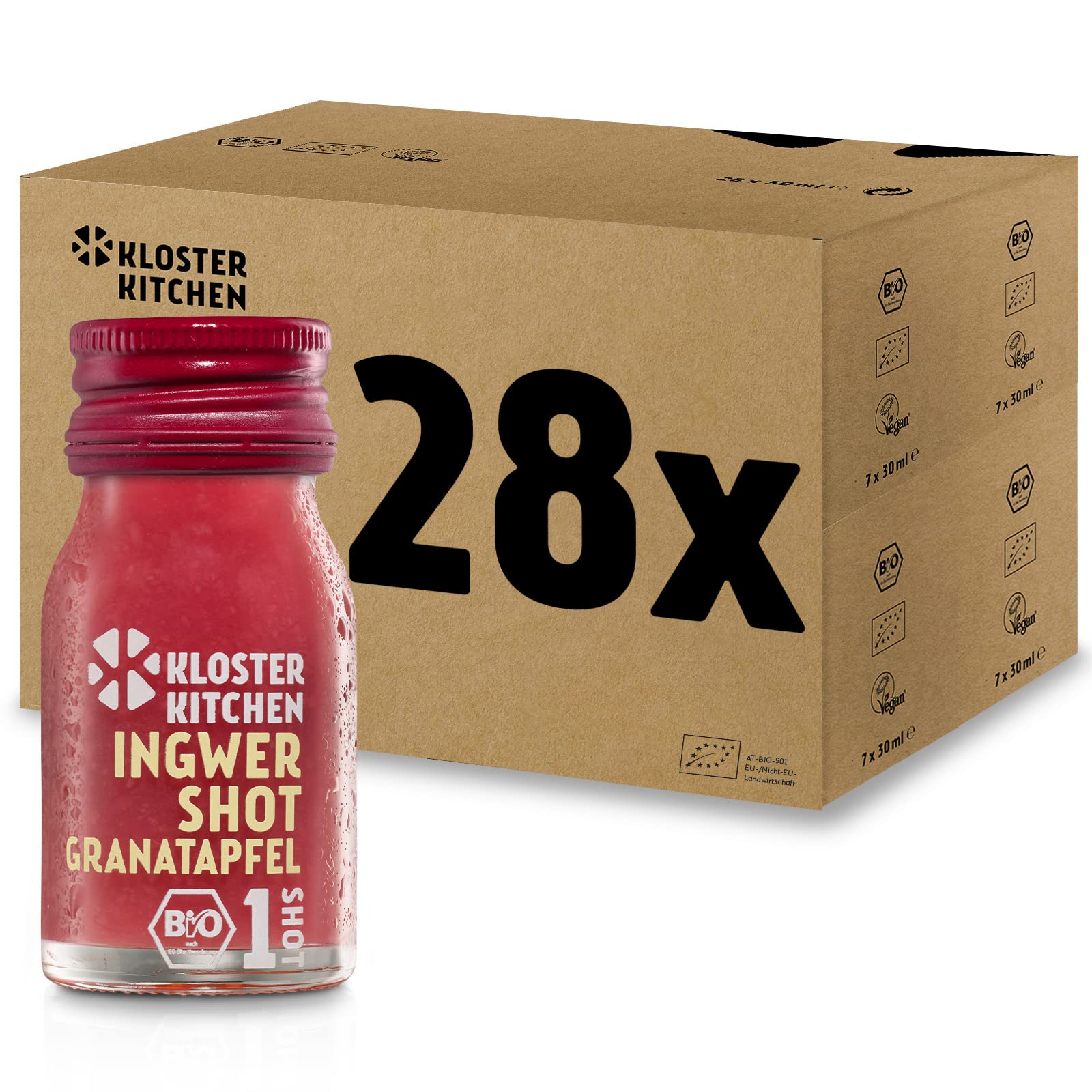Kloster Kitchen Bio Gingembre Shot Grenade 1SHOT 28 x 30 ml avec des morceaux de gingembre | Shot de gingembre végétalien en bouteille en verre | Sans additifs & avec douceur naturelle