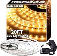 MATAHARAGA 20ft 3000K Warm White LED Strip Lights - 360 LEDs, Strong Adhesive, Cuttable for Mirror, Kitchen, Bedroom, Christmas Decor
