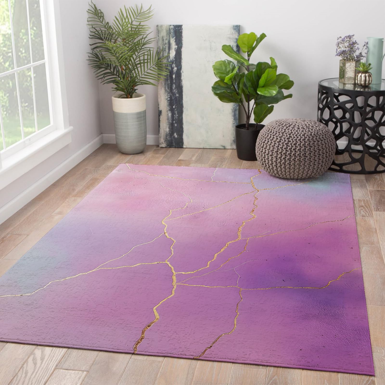 Tappeti viola per soggiorno Tappeto lavabile con struttura dorata astratta Tappetino da cucina antiscivolo Tappetino da comodino per camera da letto per ragazze 90x150cm