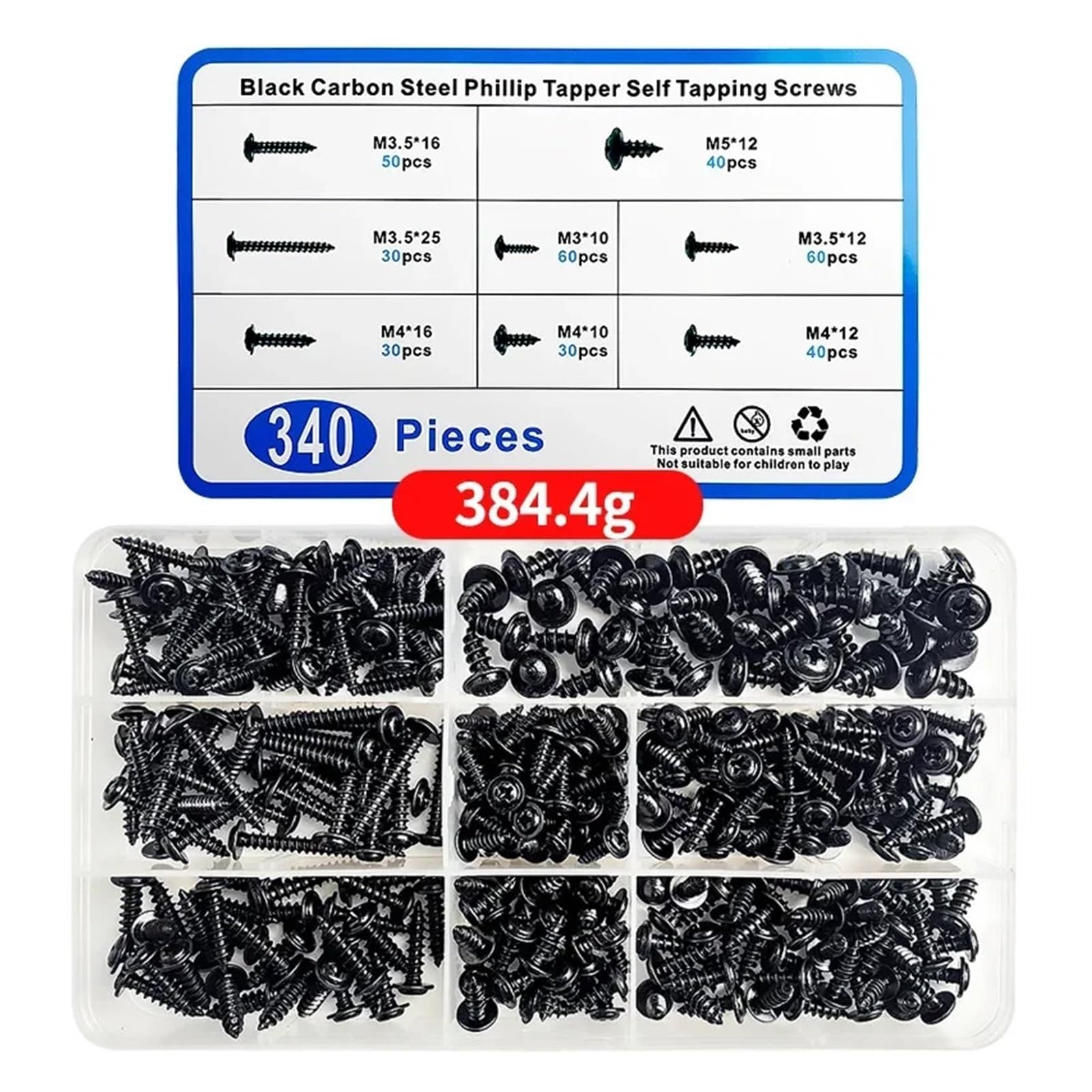 Kit d'assortiment de vis autotaraudeuses à tête cruciforme, 340 pièces/boîte, en acier au carbone noir for meubles M3/M3.5/M4/M5(1 BOX)