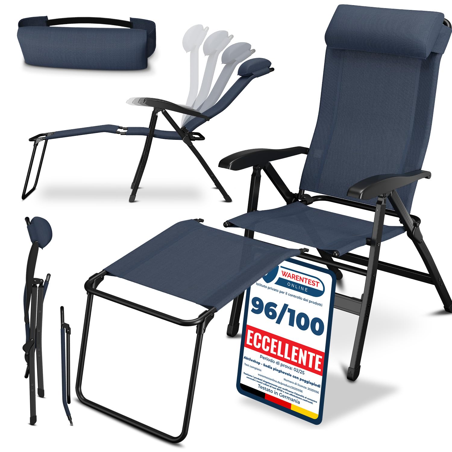 ELONEO Sedia da Giardino Pieghevole con Poggiapiedi Rimovibile - Comoda Sdraio Pieghevole in Alluminio per Campeggio, Giardino e Balcone, con Schienale Regolabile Blu