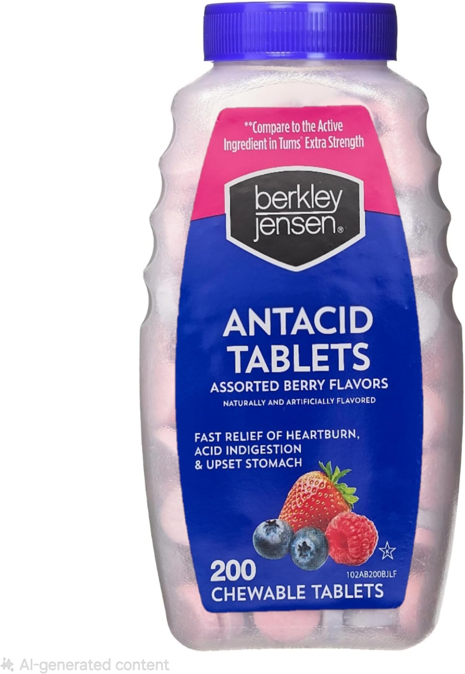 berkley jensen Extra Strength Antacid Tablets Chewable - 750mg Calcium Carbonate Antacids for Heartburn, Acid Indigestion, Upset Stomach Relief - Assorted Berry Flavor - 200 Count (Pack of 1)