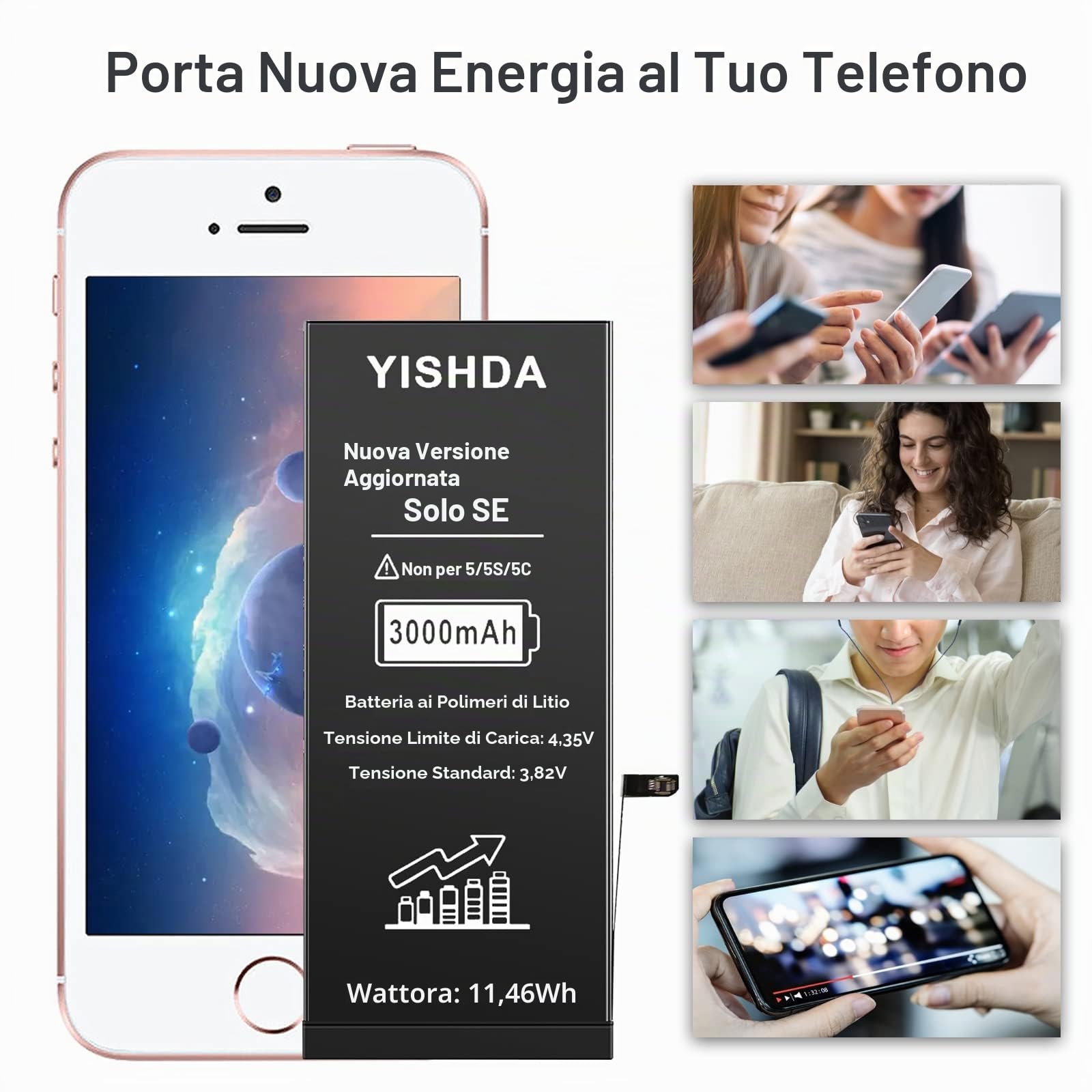 【3000 mAh】 Batteria per iPhone SE, YISHDA Upgraded Batteria di ricambio per iPhone SE 2016 di prima generazione (A1662/A1723/A1724) con kit di strumenti di riparazione professionali…