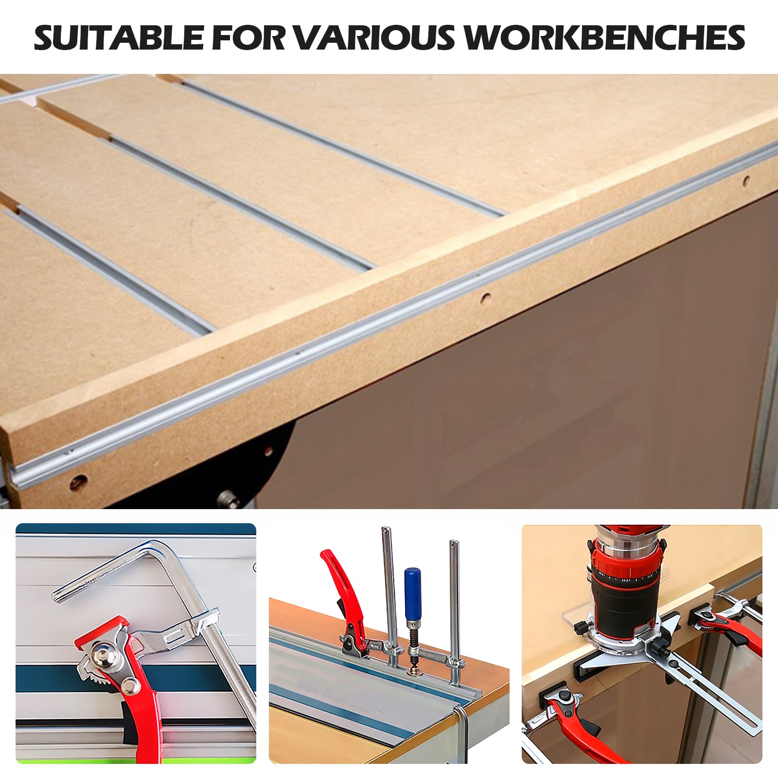 2 abrazaderas de palanca con mango de palanca, abrazadera de mesa fija de acero con mecanismo deslizante, abrazadera de liberación rápida con capacidad de 160 mm y profundidad de garganta de 60 mm