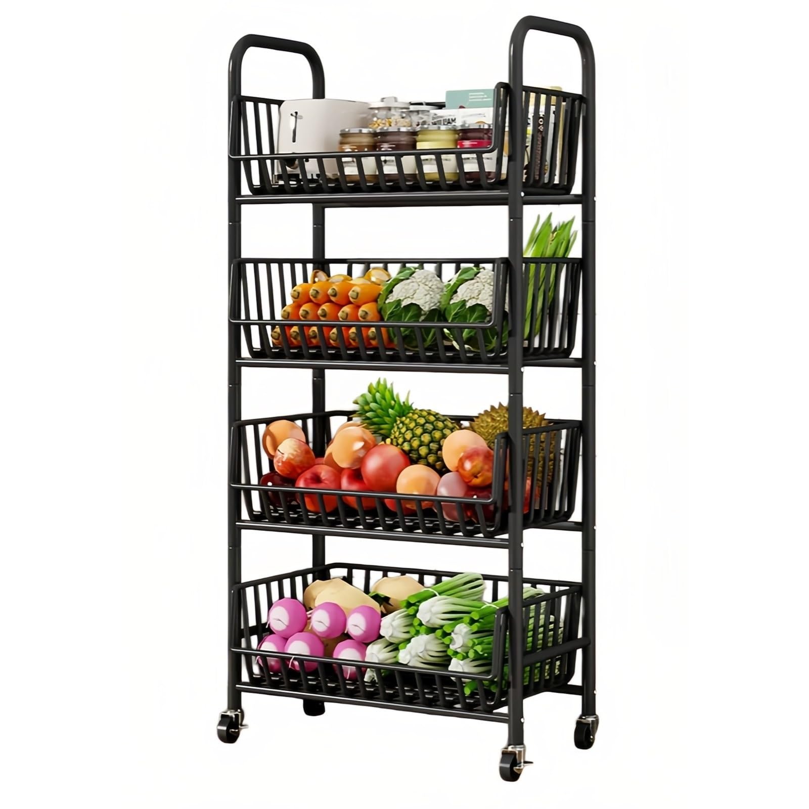 ZYYANSHOP Kitchen Storage Cart 4-Tier Rolling Produce Cart Movable Kitchen Fruit and Vegetable Basket Storage Shelf(Black,Medium)
