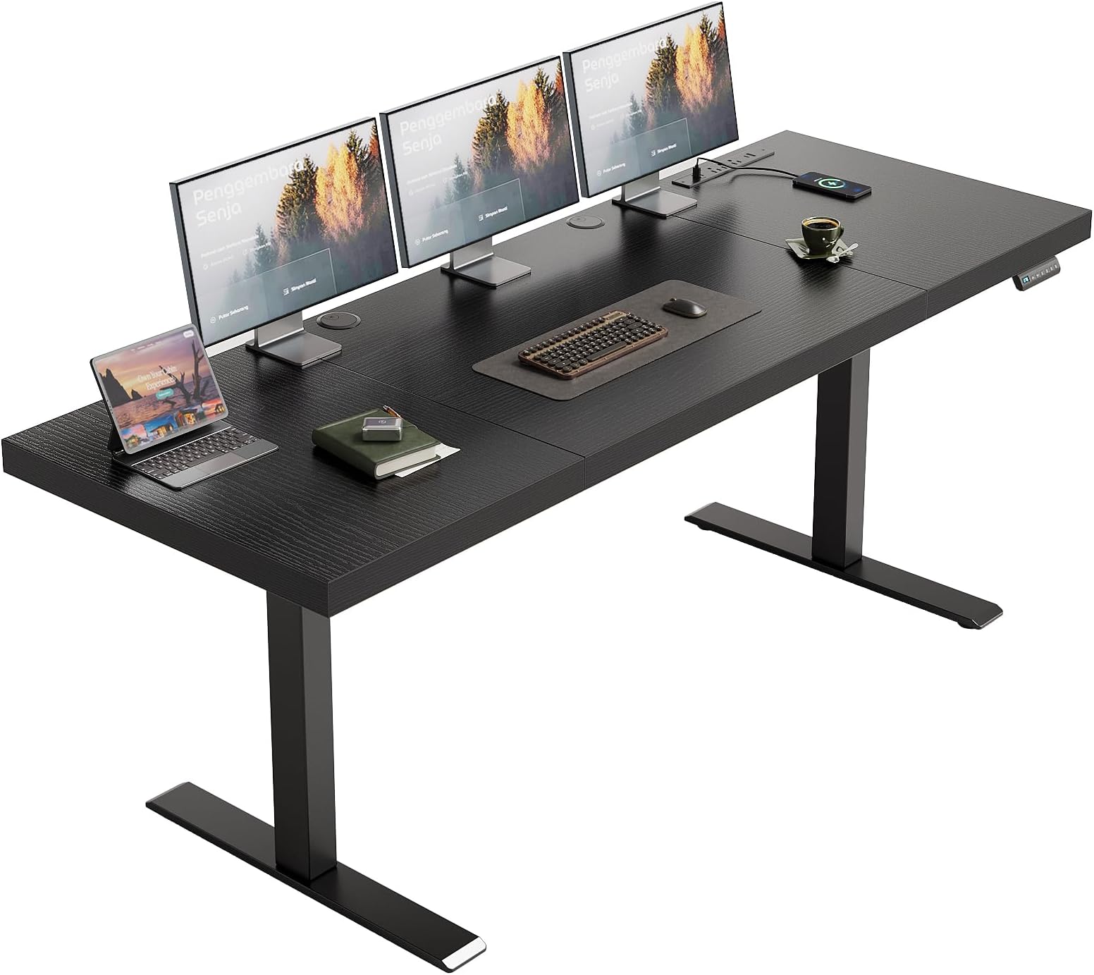 OffiGo 71 Inch Executive Electric Standing Desk, Height Adjustable Desk with Power Outlet & 1.38" Thick 3-Piece Desktop, Sit Stand Computer Desk for Home, Office, Conference Room, Black