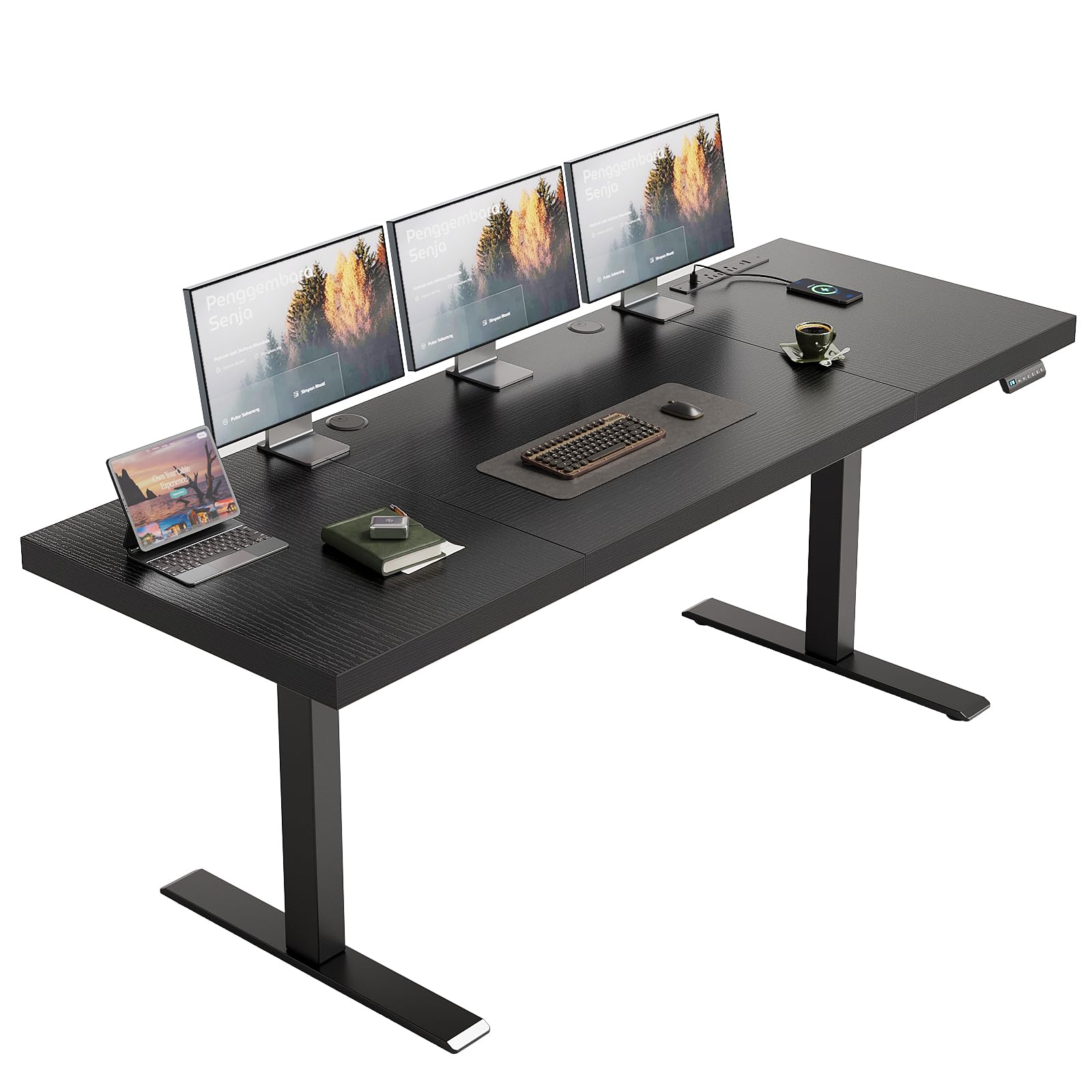 OffiGo Electric Standing Desk with 3-Piece Board, 71 Inch Height Adjustable Large Desk with Power Outlets, Sit Stand Table, Writing Computer Desk for Home, Office, Workstation, Black