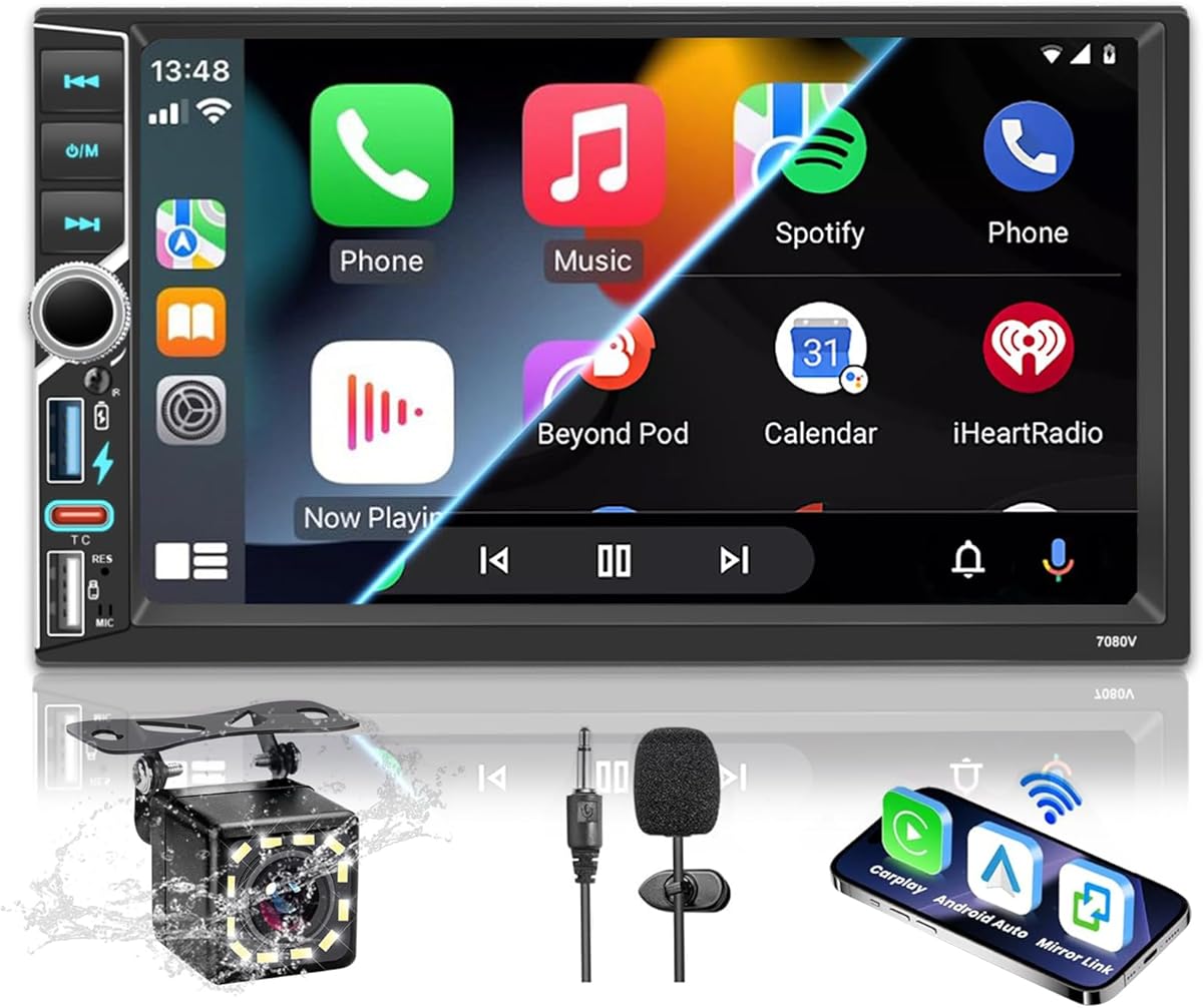 2-DIN-Autoradio, BT-Autoradio, Car Play mit kabellosem Carplay und Android Auto, Doppel-DIN, 7-Zoll-HD-Touchscreen, RDS-FM-Radio/Typ C/Schnellladung/Mikrofon/Rückfahrkamera