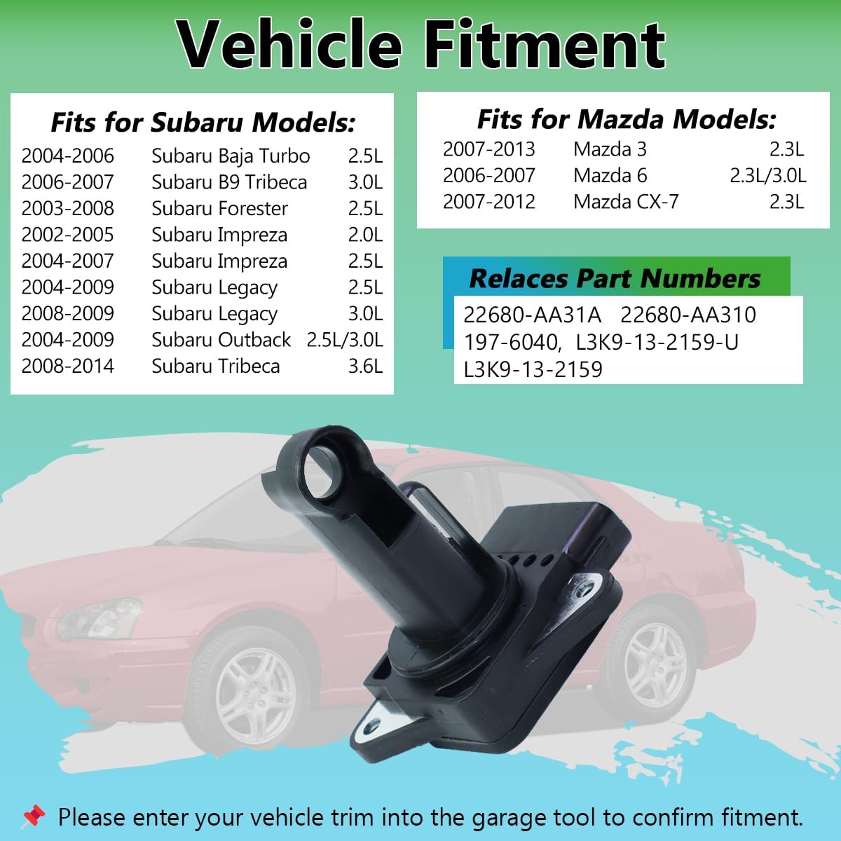 Mass Air Flow Sensor 22680-AA31A MAF Sensor Compatible with Subaru Forester Impreza Legacy Outback Tribeca Mazda 3 6 CX-7 Replaces OE# 22680-AA310 L3K9-13-2159-U