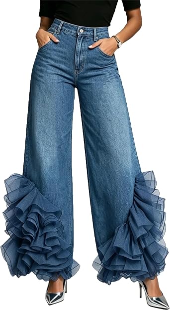 SOMTHRON Women High Waisted Wide Leg Baggy Jeans Tulle Ruffle Layered Trim Denim Long Pants Trousers