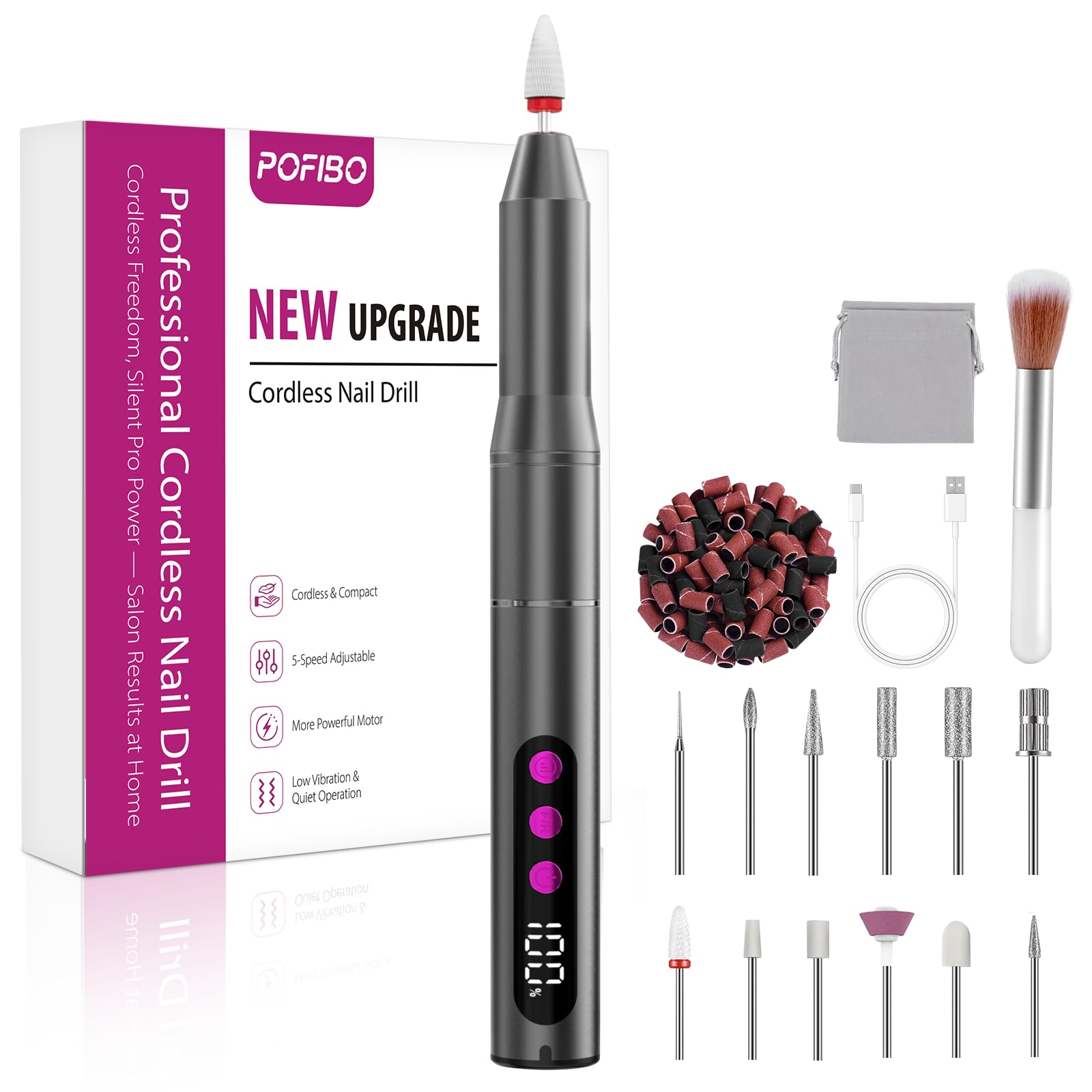 POFIBO Ponceuse pour Ongles Professionnel Version Améliorée - 12 en 1 Lime a Ongle Electrique 35000RPM avec LCD écran Numérique, sans fil, Kit de Manucure Pédicure Rechargeable Vitesse
