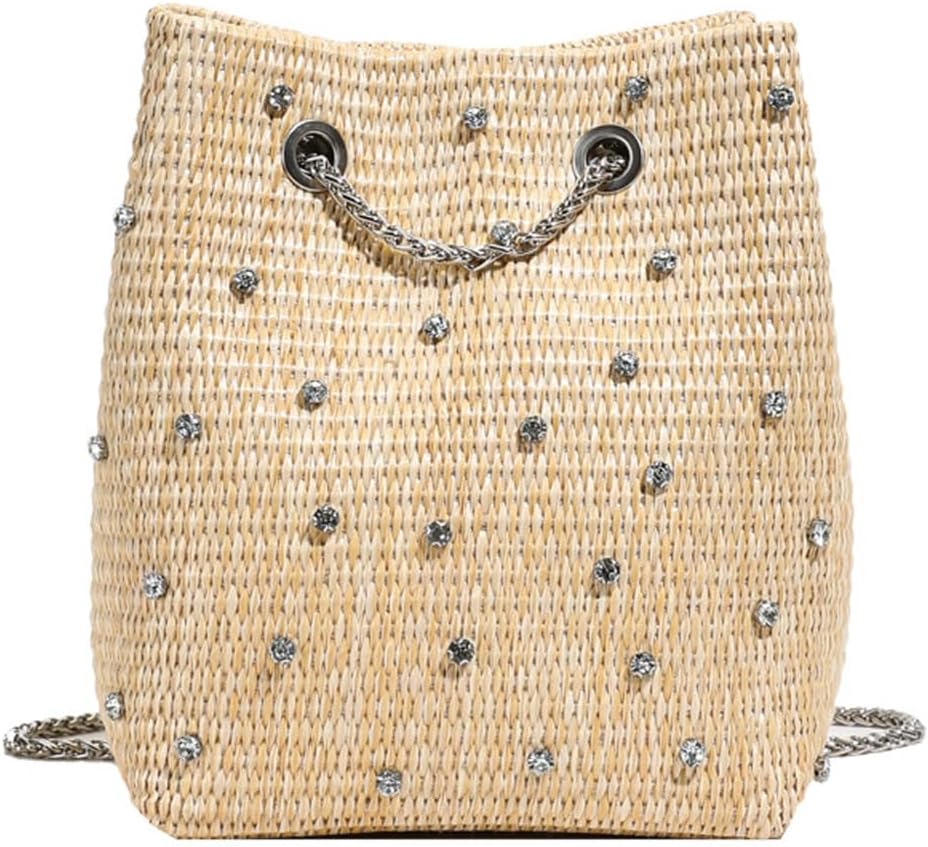 Pearl Straw Bucket Purse for Women Summer Vacation Crossbody Purses Beach Bag Beaded Rhinestone Handbag