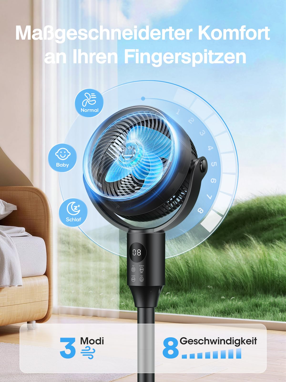 Leiser Standventilator 80°+90° Oszillierender Ventilator mit Fernbedienung, 1444m³/h, 3 Stufen 12H Timer, 23-41" Höhenverstellbar